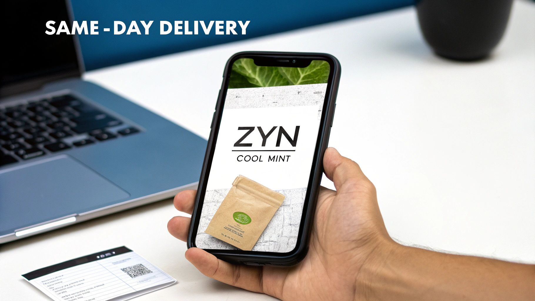 A person holds a smartphone displaying a ZYN Cool Mint advertisement with a product pouch and 'SAME-DAY DELIVERY' text.