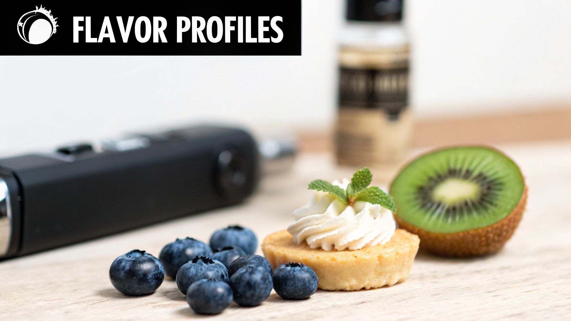 A Vuse vape device with blueberries, a dessert tart, and a kiwi, showcasing flavor variety.