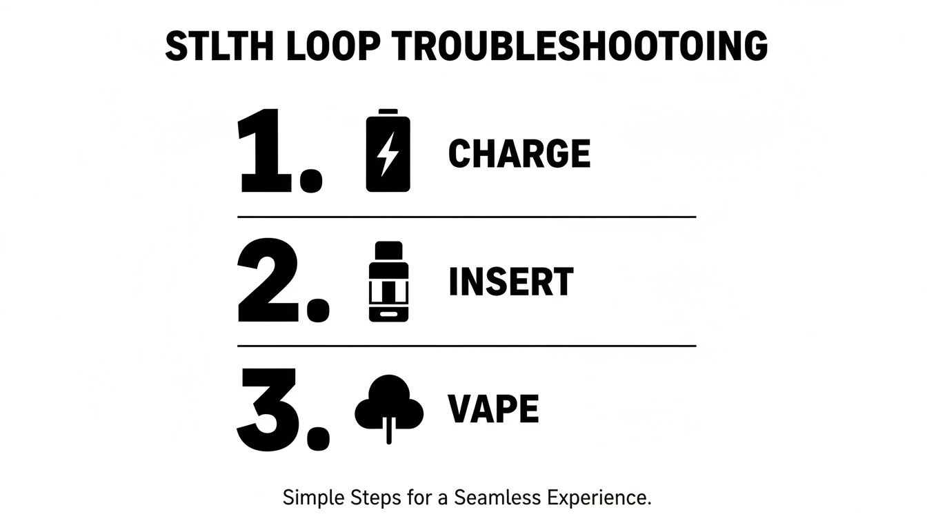 STLTH LOOP troubleshooting guide showing three simple steps: charge, insert, and vape with icons.