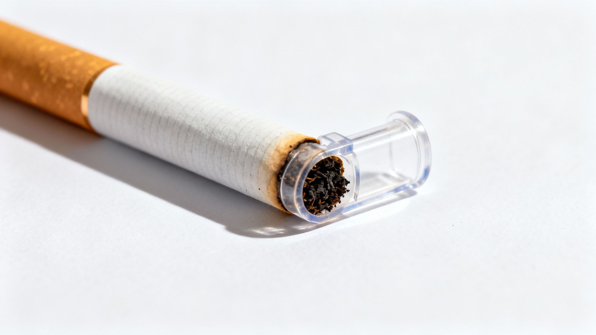 Close-up of a partially smoked cigarette with a clear plastic filter collecting tar and nicotine.