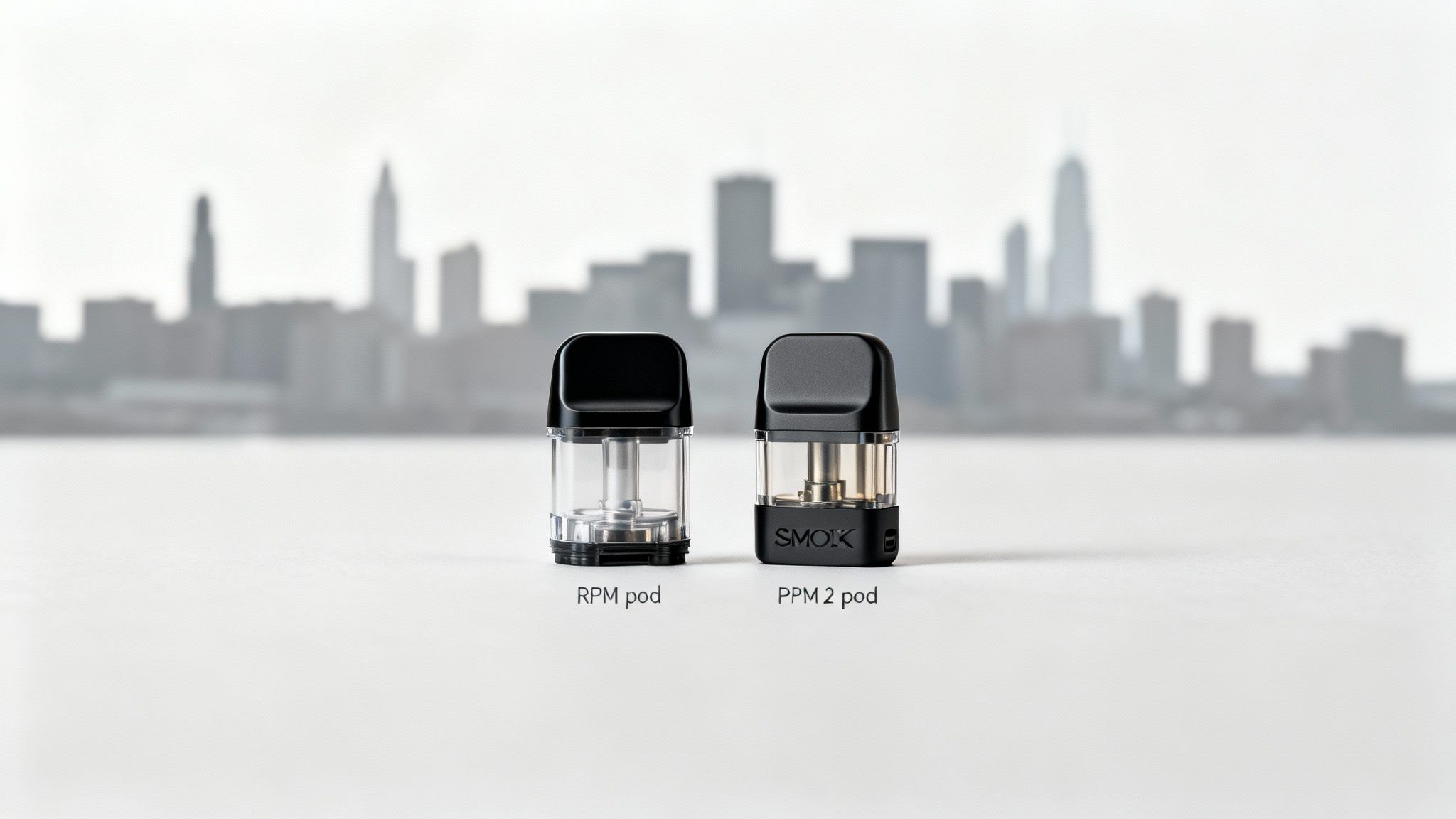 Two vape pods, an RPM pod and a PPM 2 pod, on a white surface with a blurred city skyline.