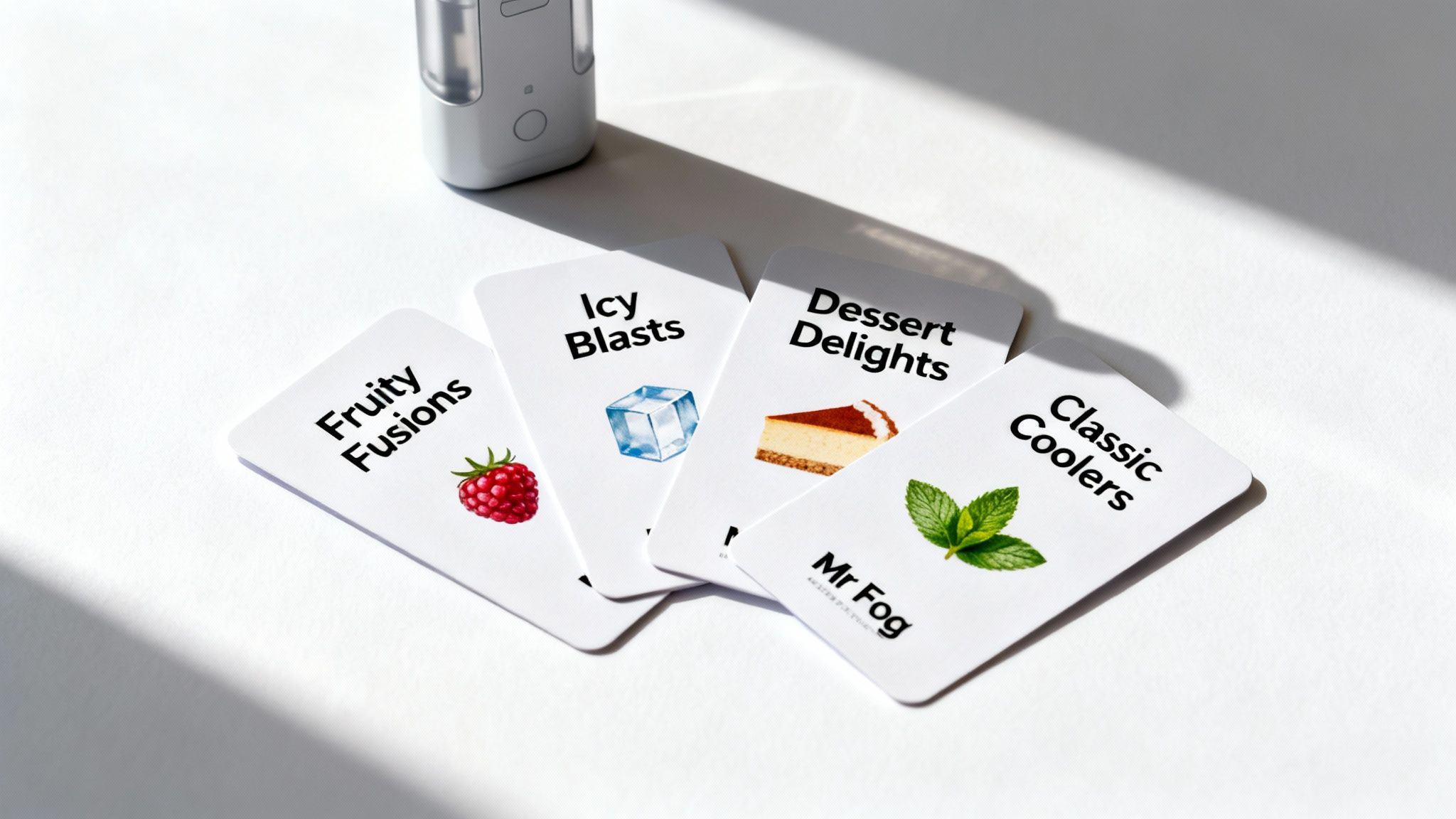 Mr Fog Switch flavor cards: Fruity Fusions, Icy Blasts, Dessert Delights, and Classic Coolers.