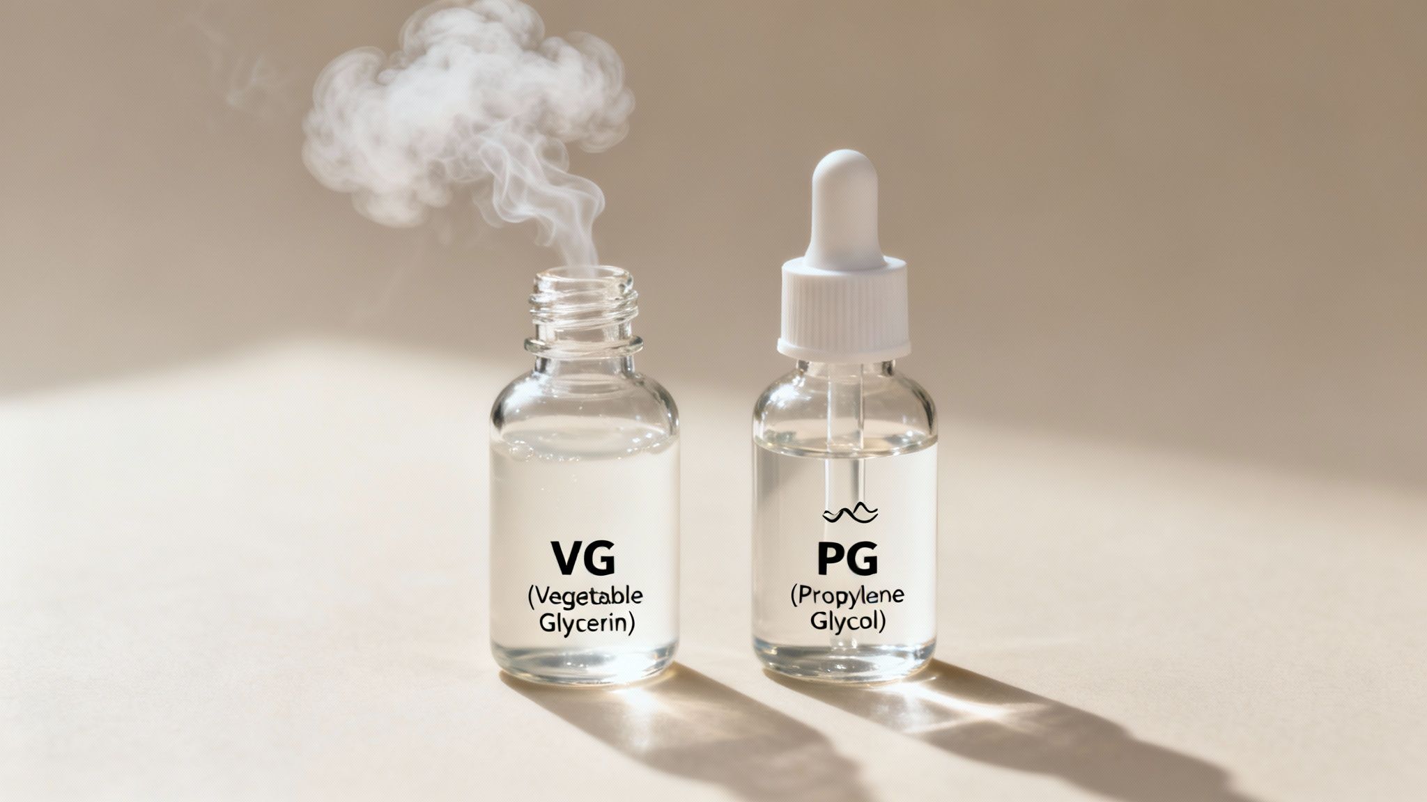 Two clear bottles containing VG (Vegetable Glycerin) and PG (Propylene Glycol), with the VG bottle producing vapor.