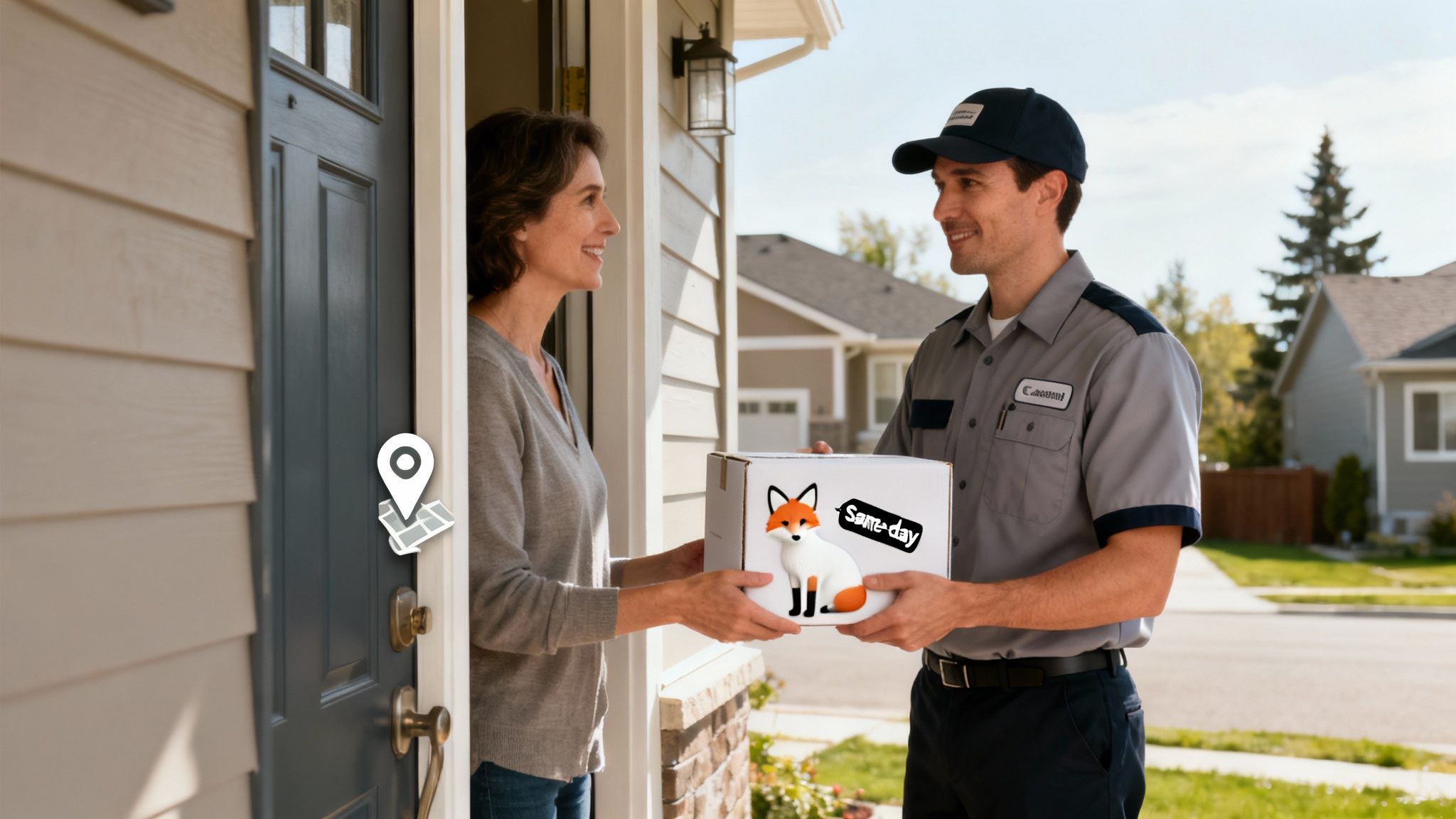 A friendly delivery driver in uniform hands a same-day package featuring a fox logo to a woman at her home.