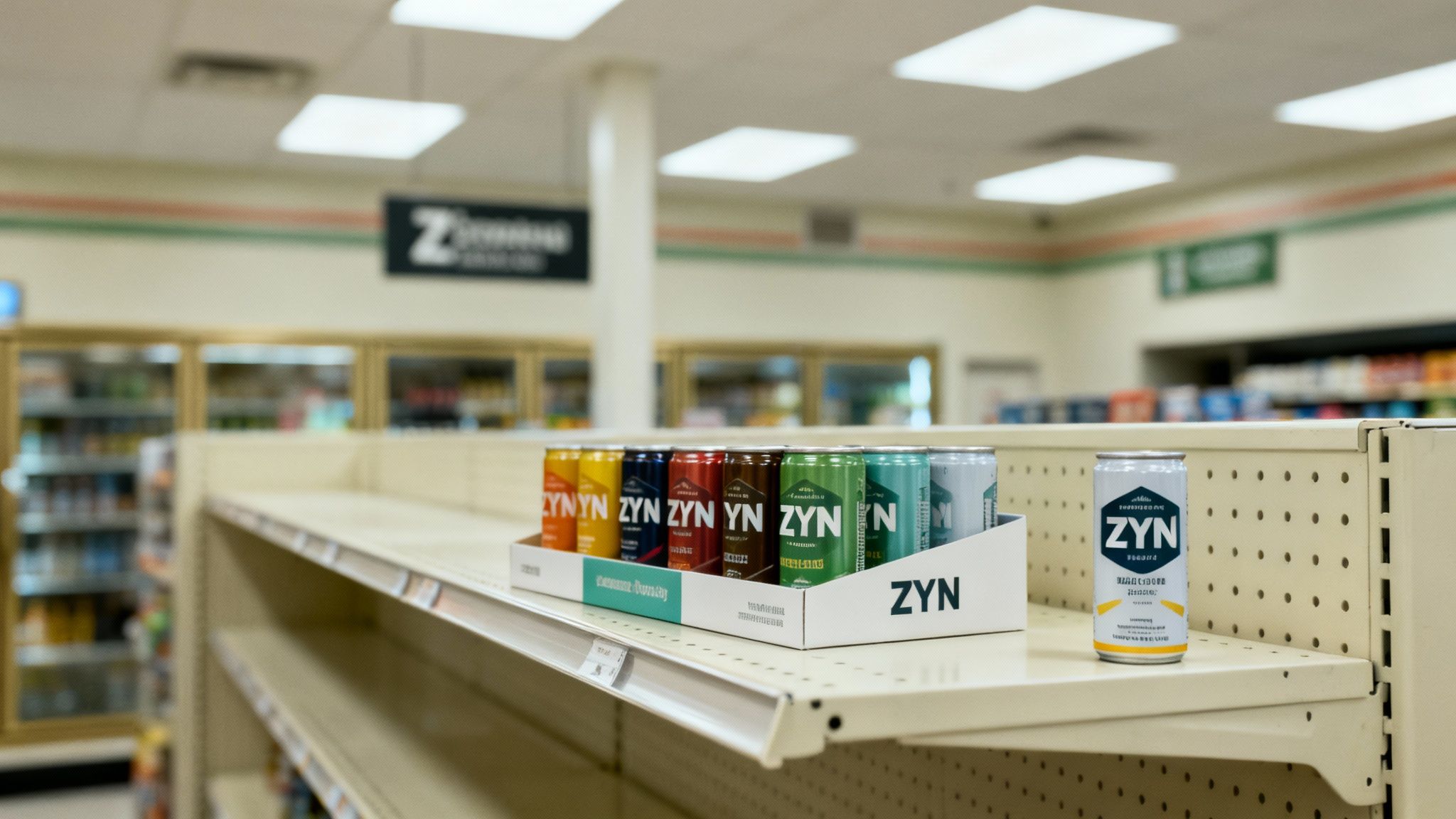 A display of colorful ZYN beverage cans on a mostly empty store shelf, with one can standing alone.