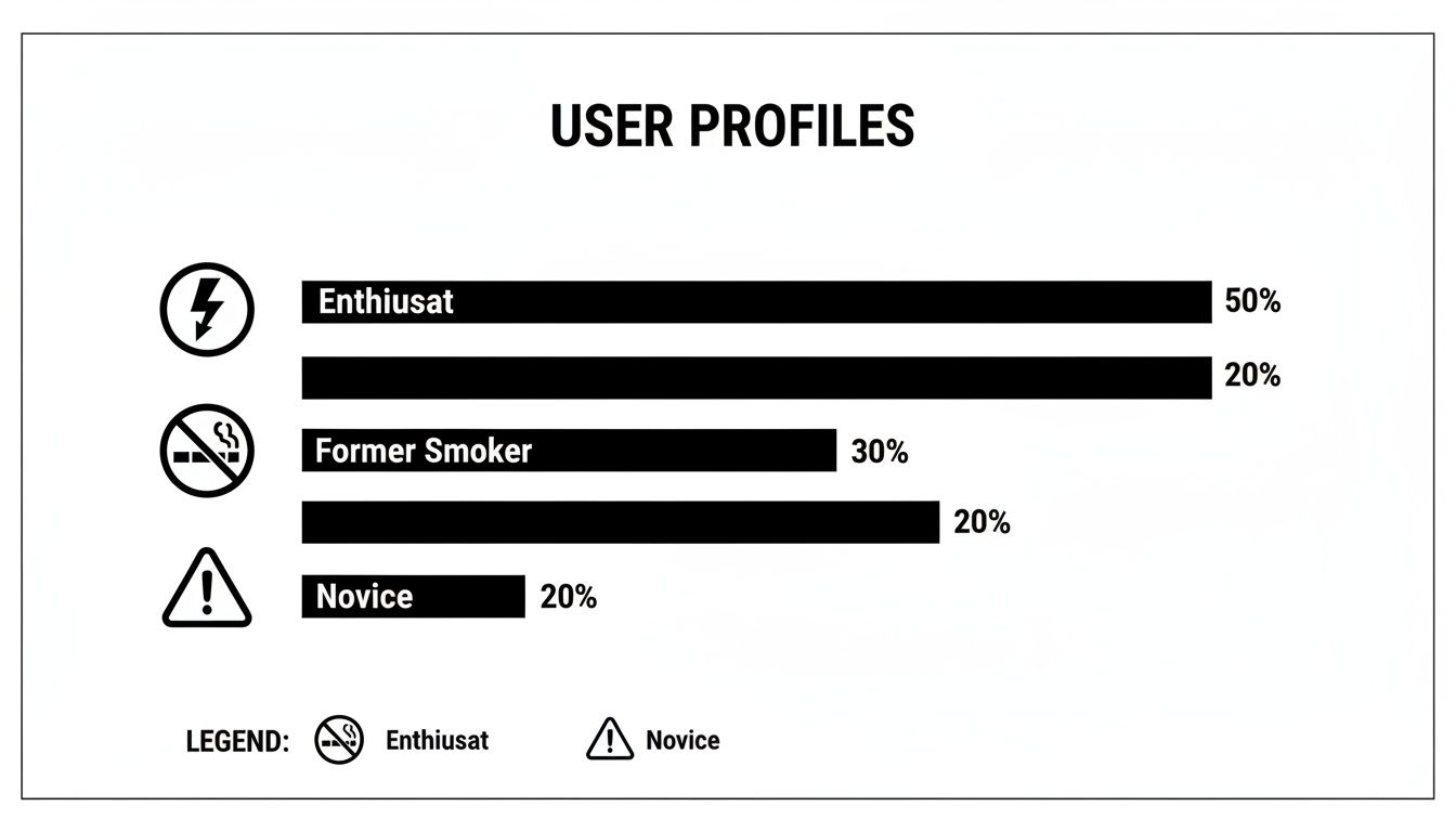 Bar chart displaying user profiles: Enthusiast (50%, 20%), Former Smoker (30%, 20%), Novice (20%).