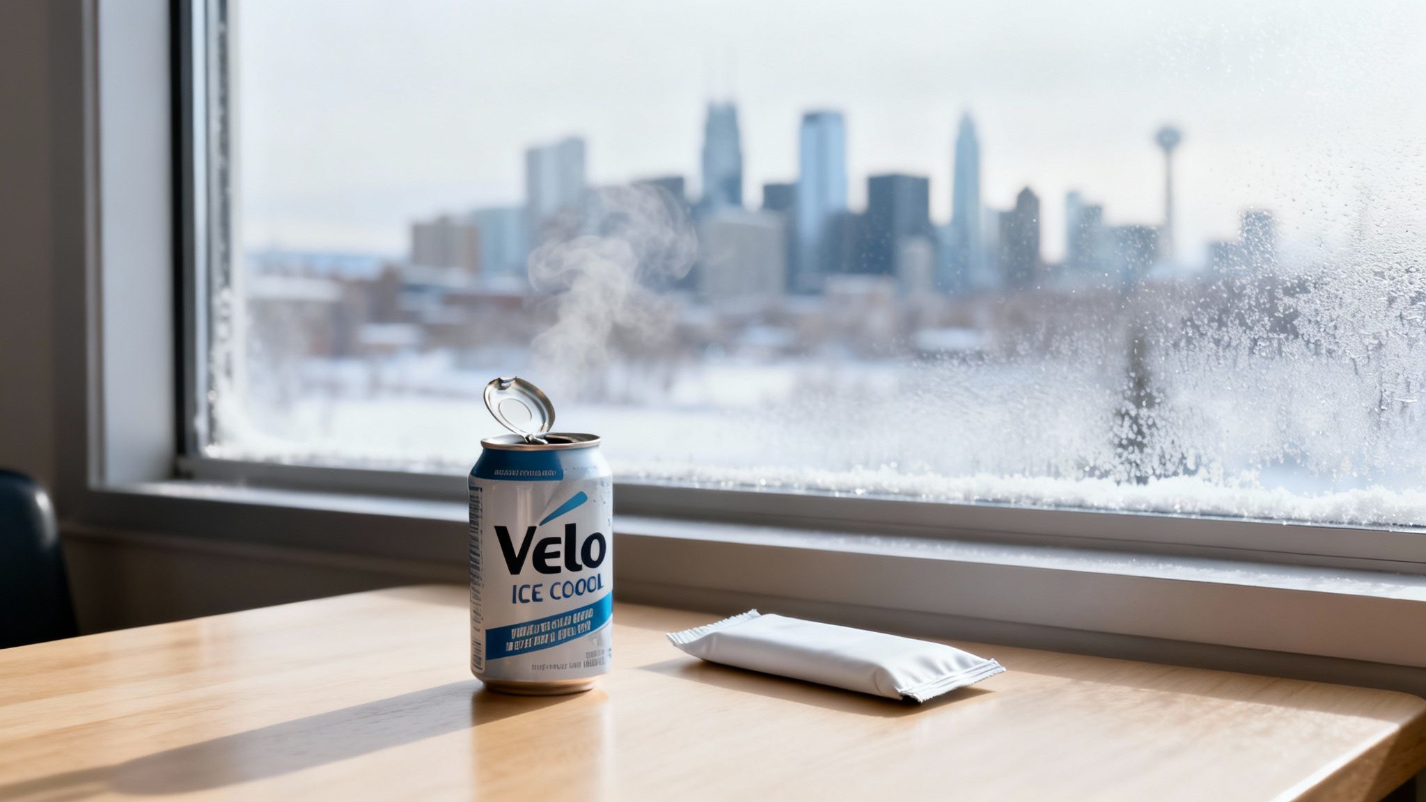 An open Velo Ice Cool can steaming on a wooden table with a white packet, overlooking a snowy city skyline.