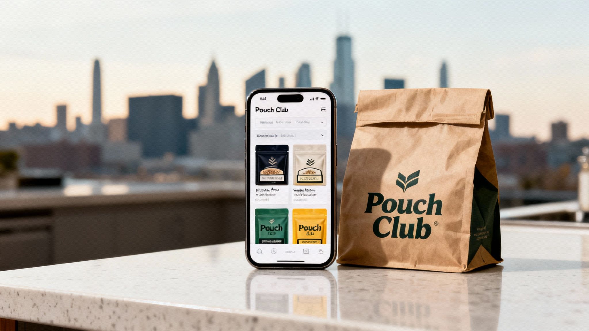 Smartphone displaying the Pouch Club app next to a branded paper bag, with a city skyline.