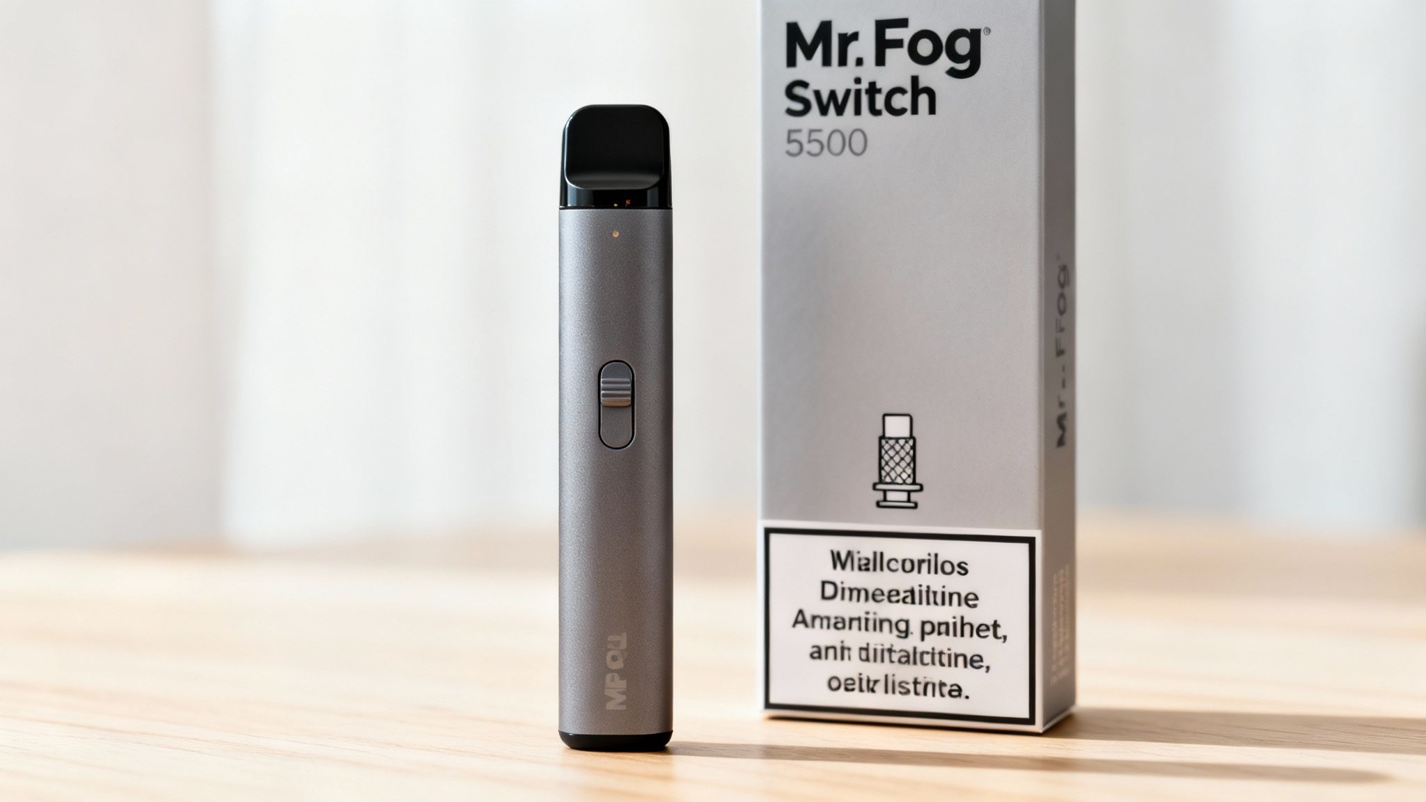 Grey Mr. Fog Switch 5500 vape device stands next to its retail box on a wooden table.