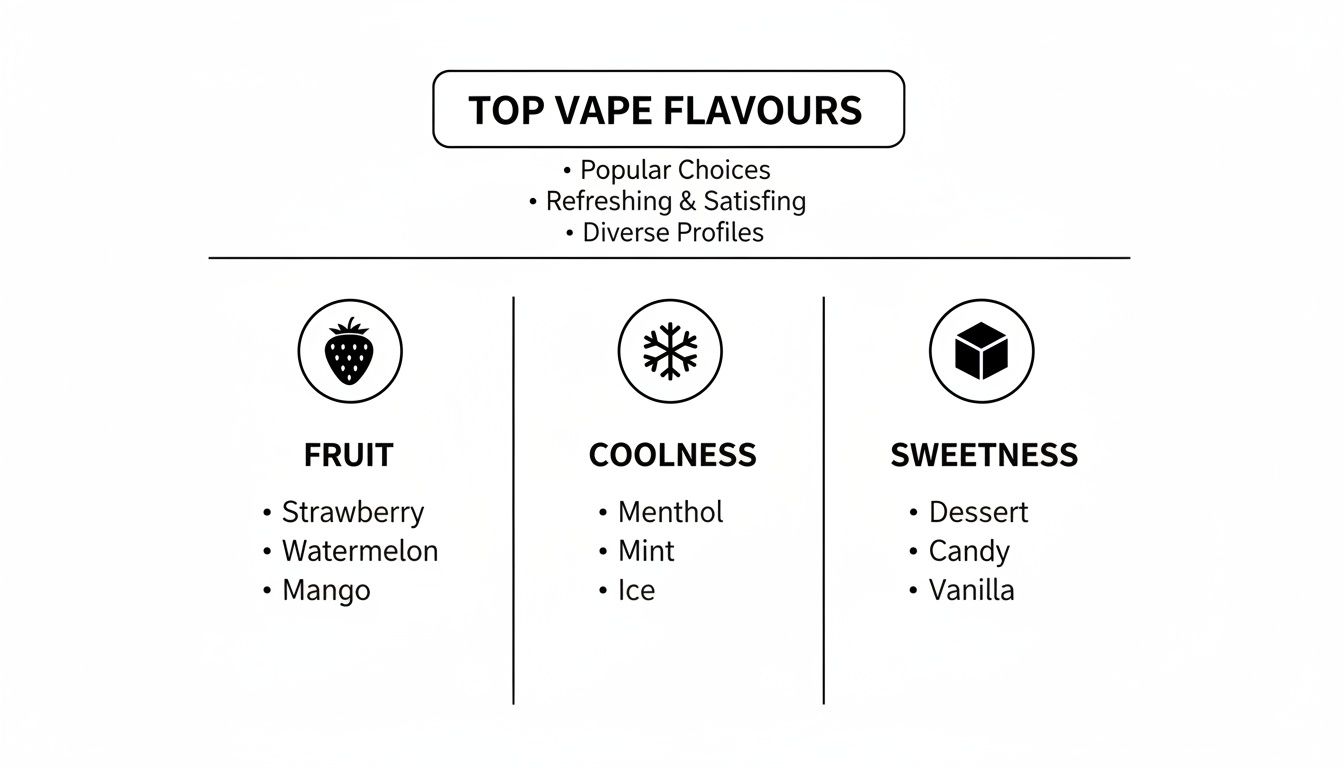An infographic detailing top vape flavours categorized into fruit, coolness, and sweetness with examples.