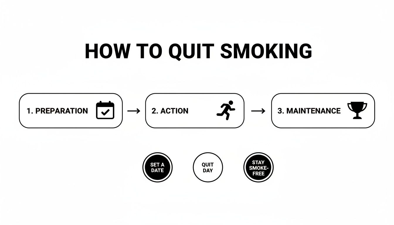 An infographic detailing the three steps to quit smoking: preparation, action, and maintenance stages.