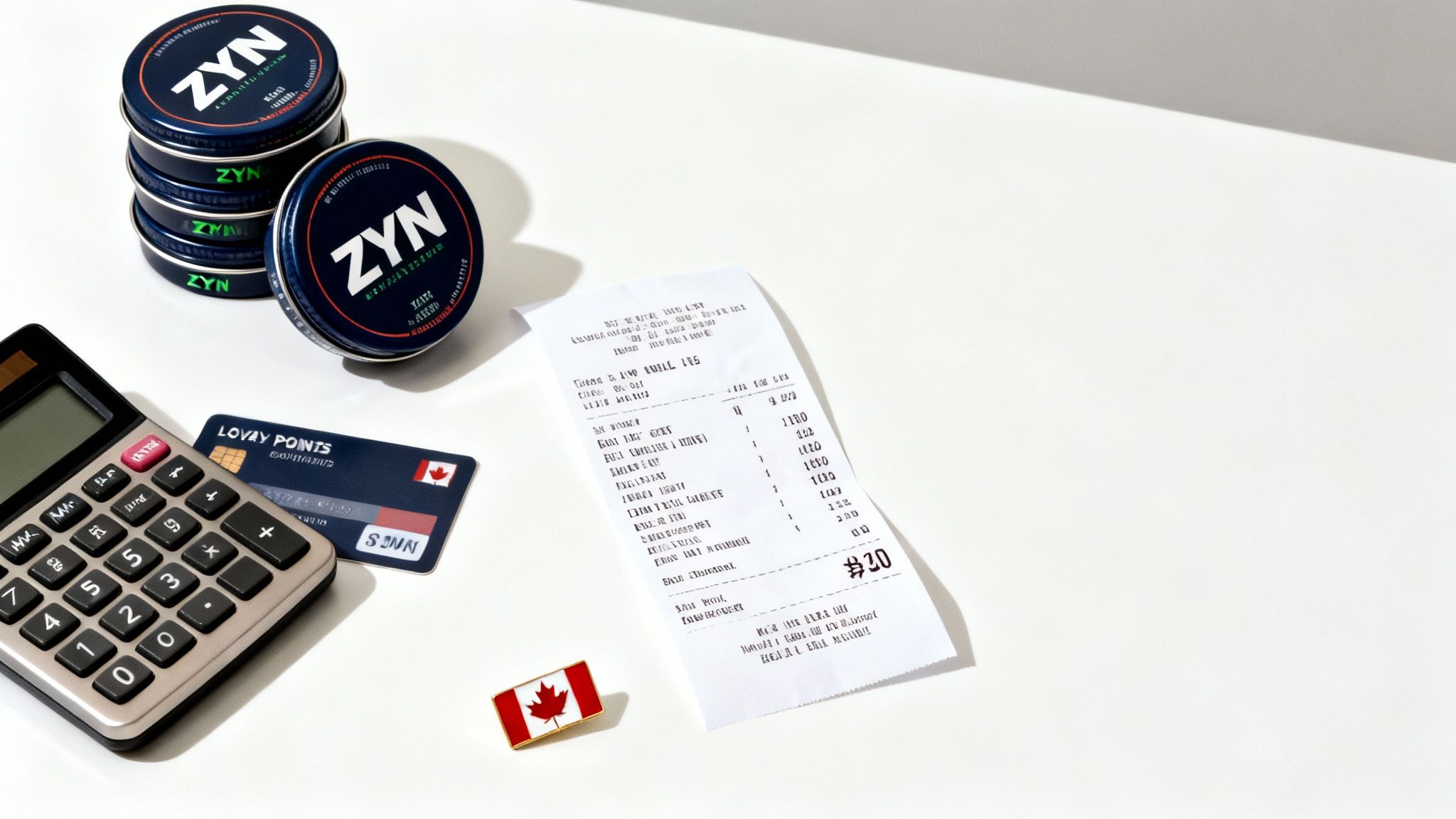 A flat lay shows ZYN nicotine pouches, a calculator, a Canadian loyalty card, a receipt, and a Canadian flag pin.