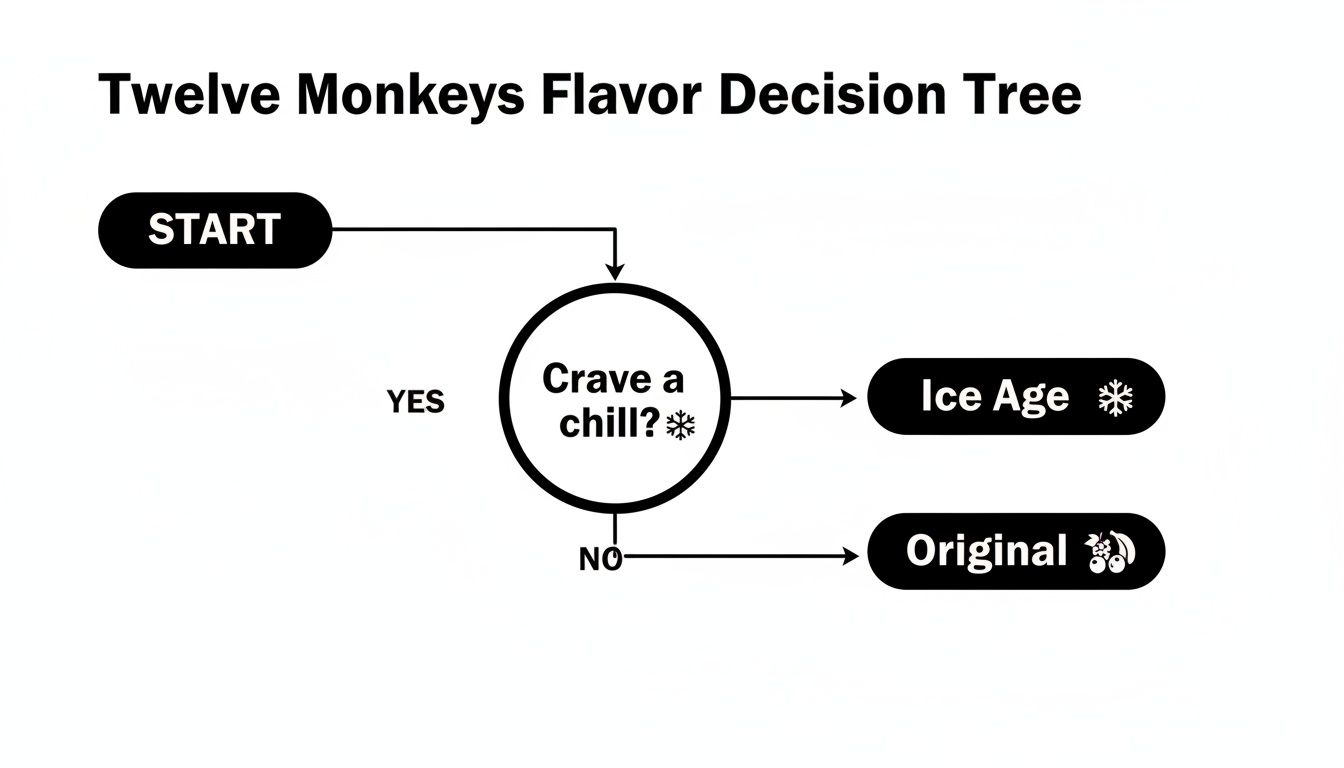 A decision tree flowchart for Twelve Monkeys e-liquid flavors based on craving a chill.
