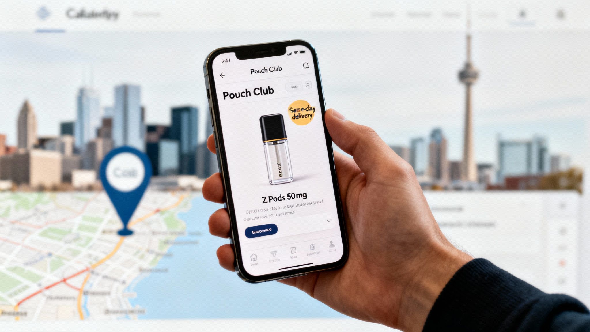 Hand holding phone with “Pouch Club” app displaying “Z Pods 50mg” for same-day delivery, city background.