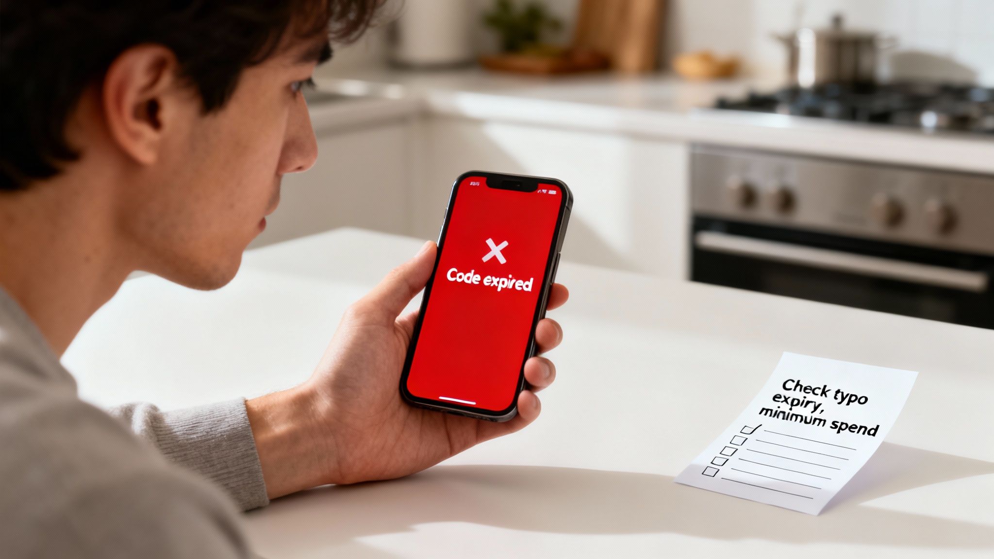 A person holds a phone showing 'Code expired' error, with a 'Check typo expiry, minimum spend' note nearby.