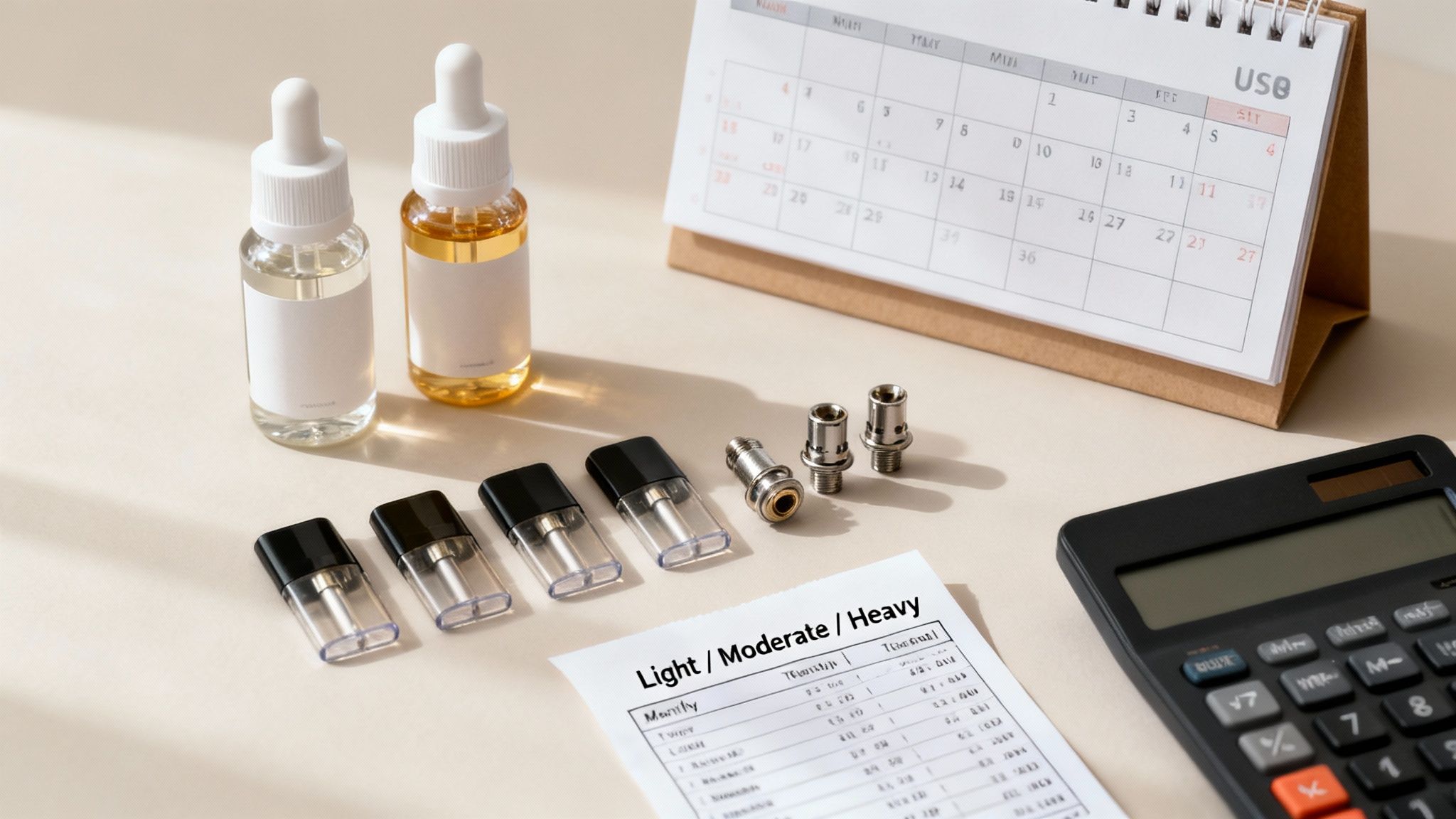 Vaping accessories, including e-liquid bottles, pods, coils, a calculator, calendar, and a cost tracking sheet.