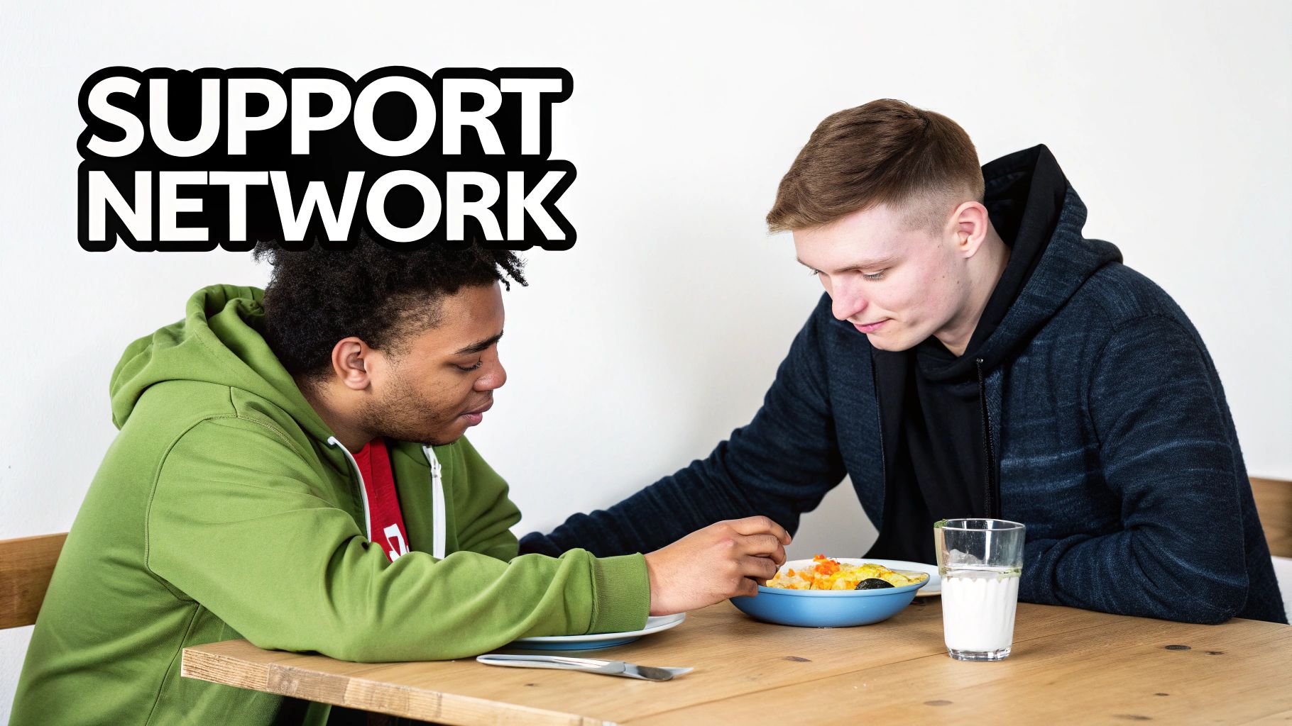 Two young men share a meal at a table, with 'SUPPORT NETWORK' text.