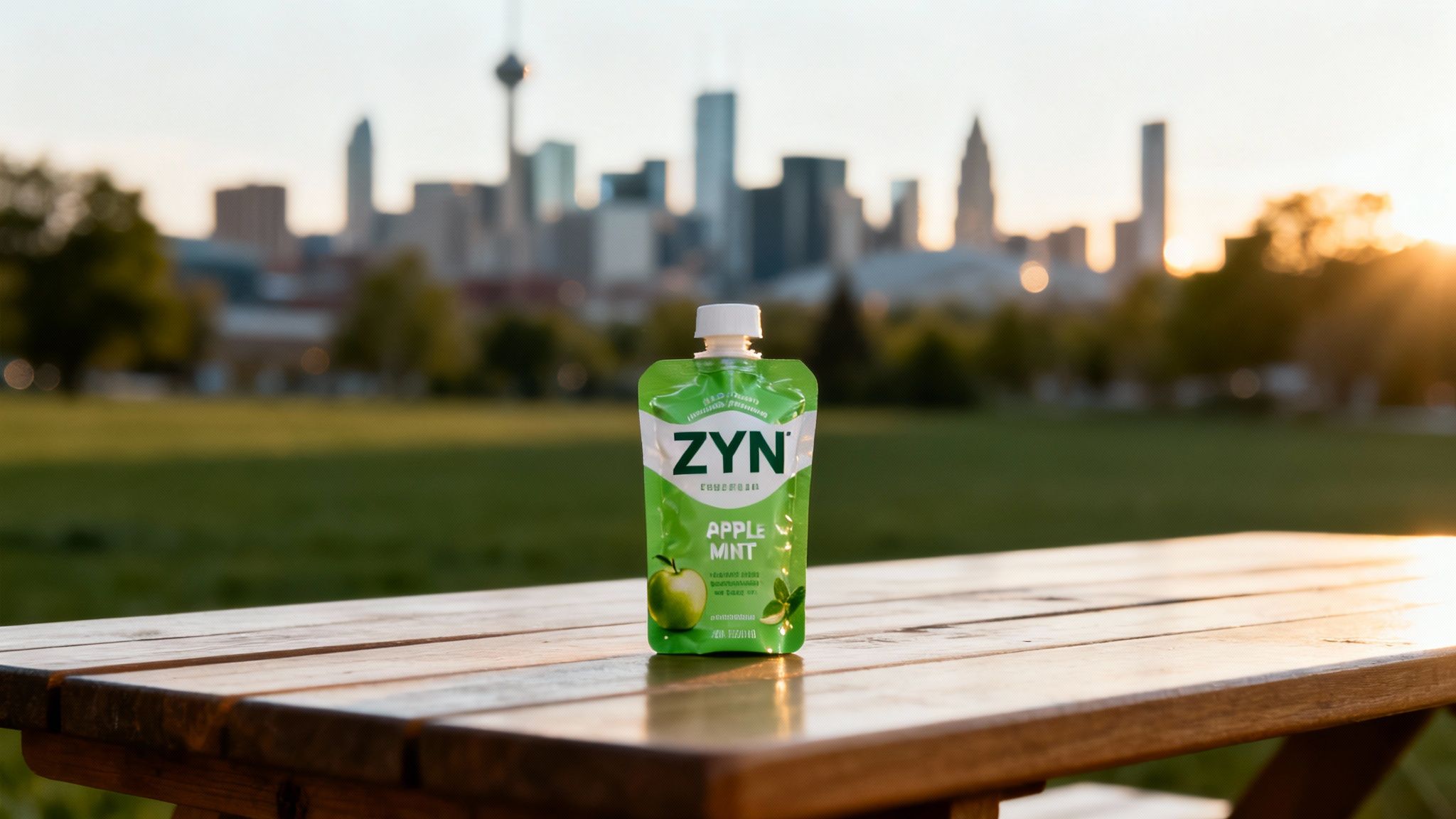 A green ZYN Apple Mint pouch rests on a wooden picnic table, overlooking a city skyline at sunset.