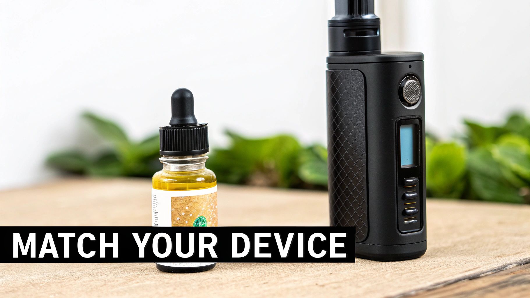 A black vape device and an e-liquid dropper bottle on a wooden surface with text 'MATCH YOUR DEVICE'.