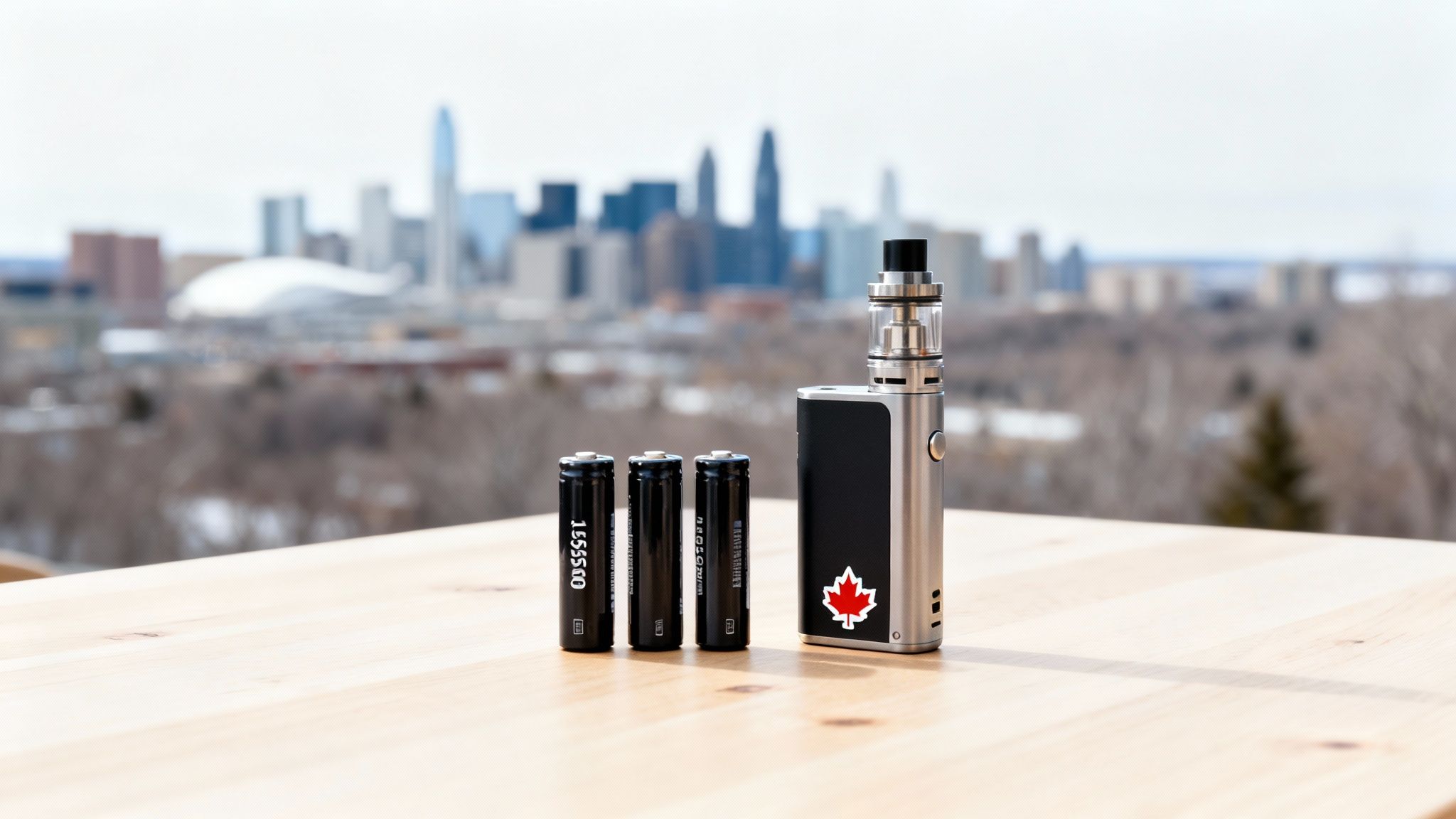 A vape mod with a Canadian maple leaf sticker and three 18650 batteries on a wooden table, city in background.