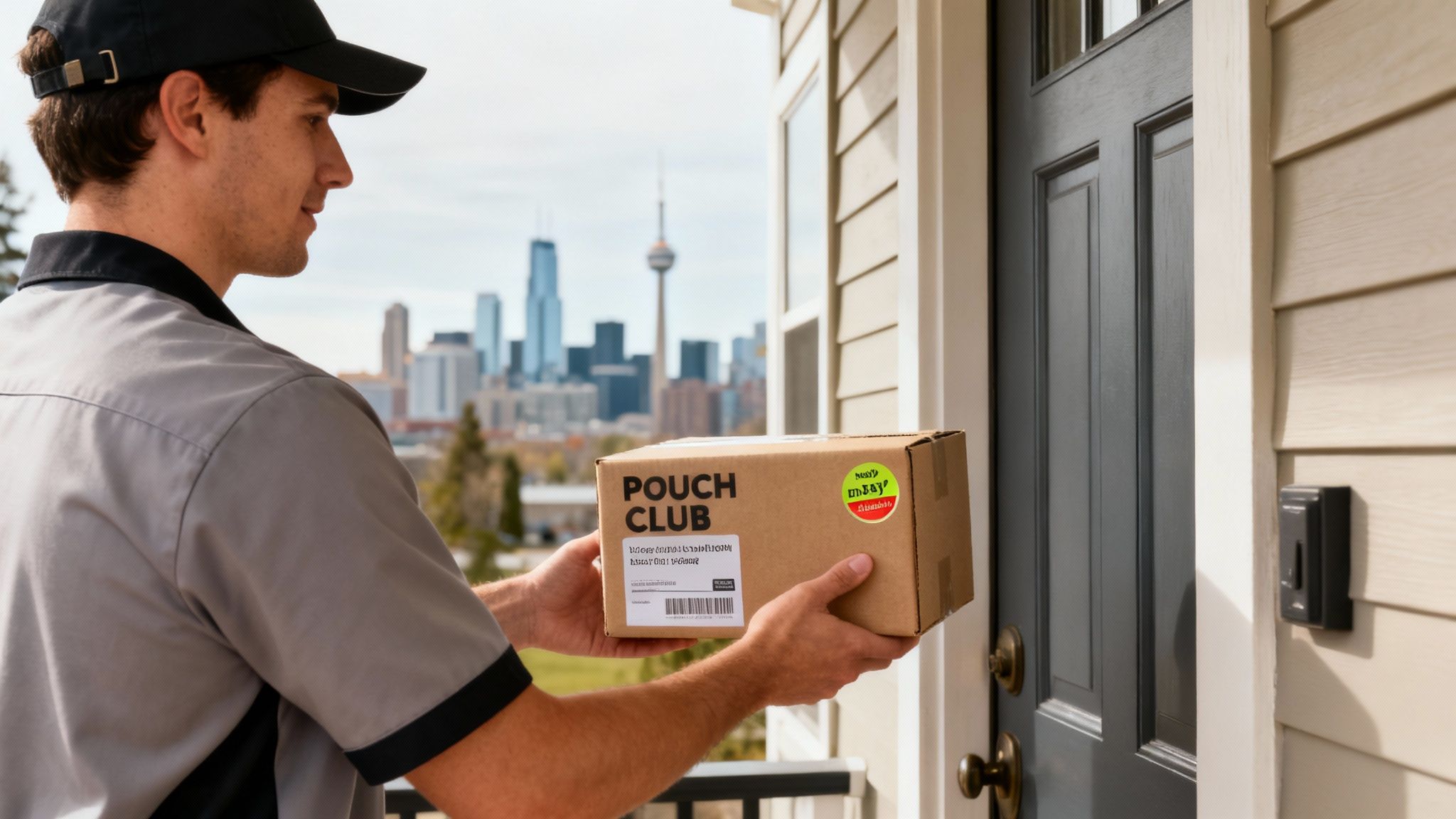 A delivery person in uniform holds a Pouch Club package at a residential front door with a city skyline.