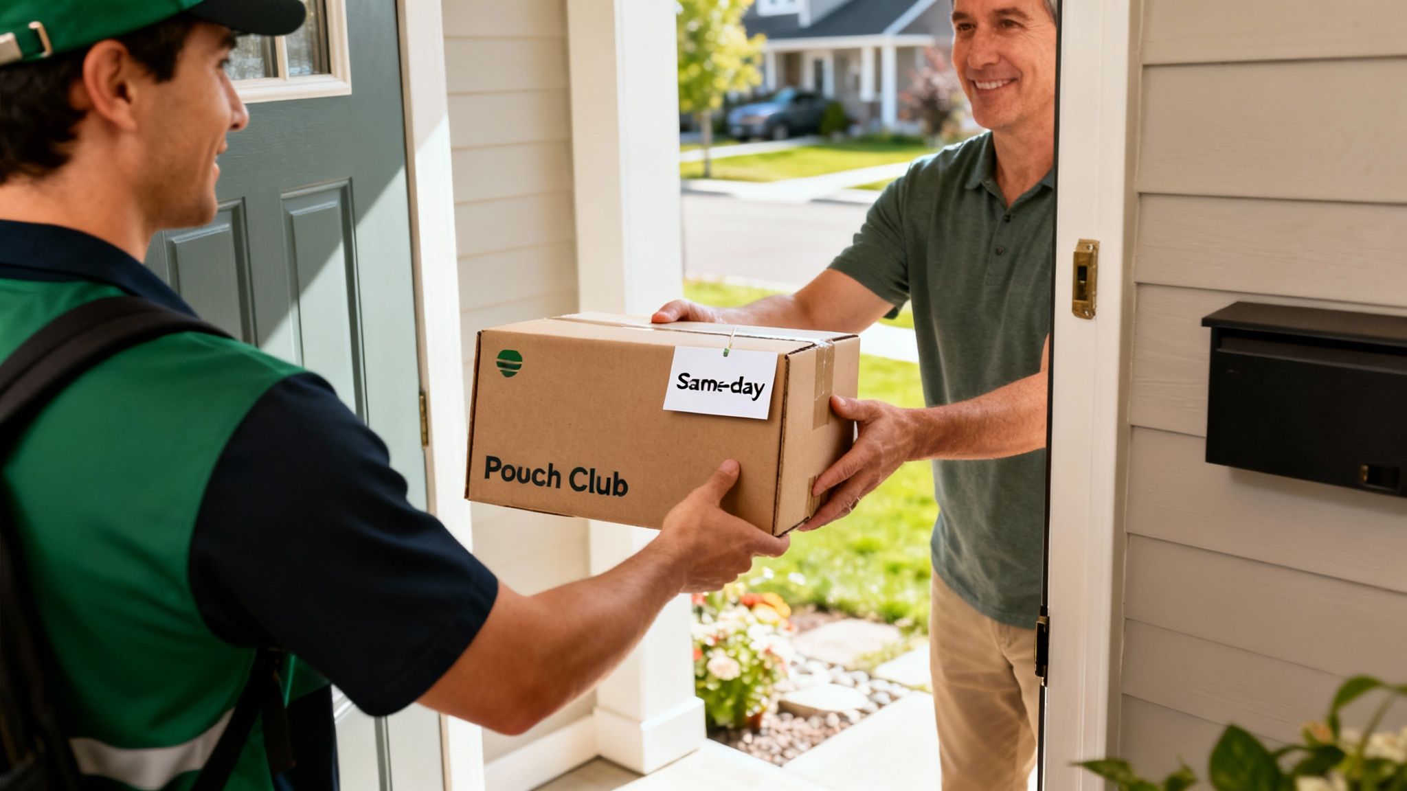A delivery person hands a "Same-day Pouch Club" package to a smiling man at his front door.