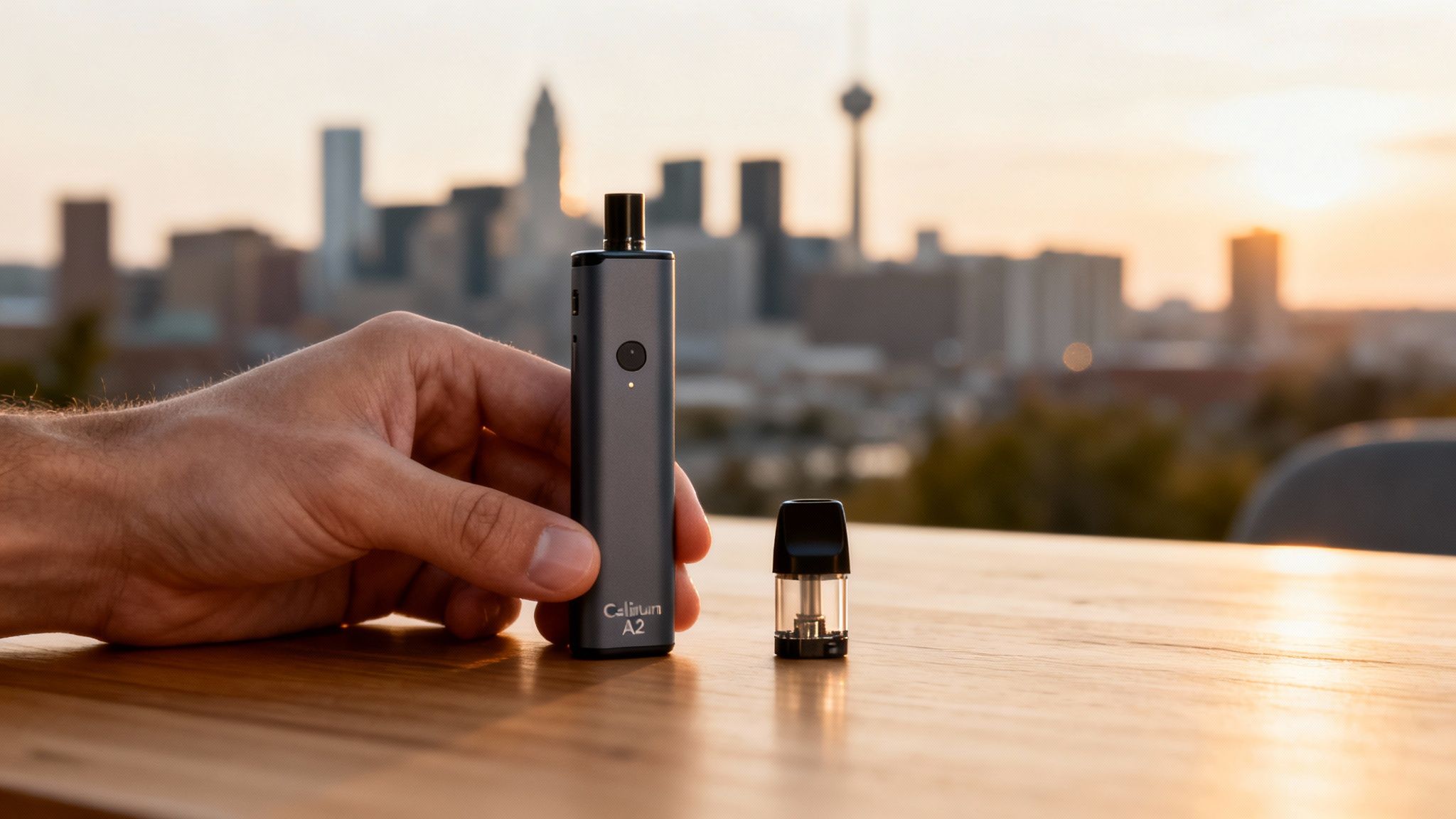 A hand holds a gray Caliburn A2 vape with a detached pod on a table, city in background.