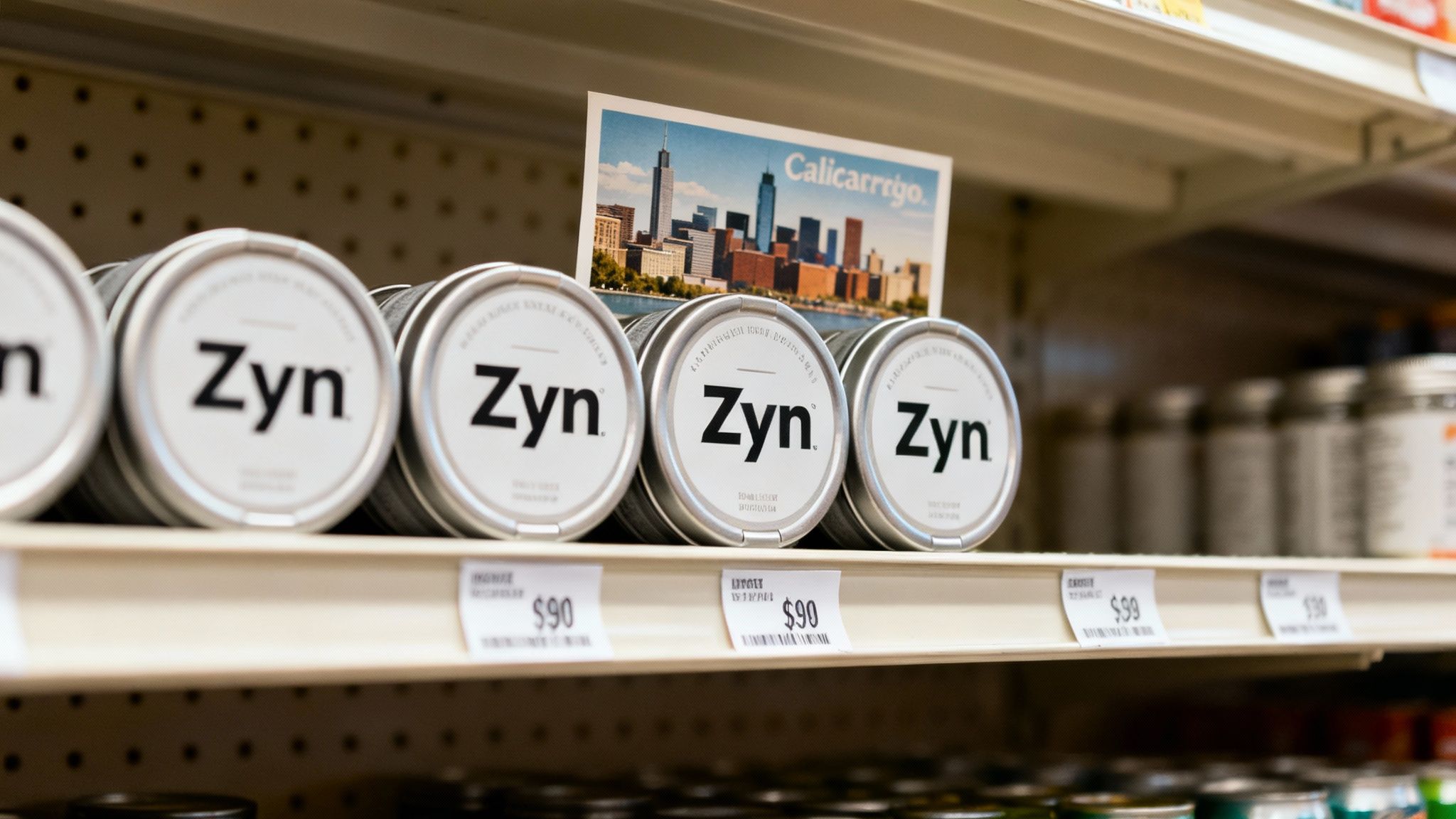 Zyn nicotine pouches displayed on a store shelf with a city skyline sign for 'Calicarrgo'.