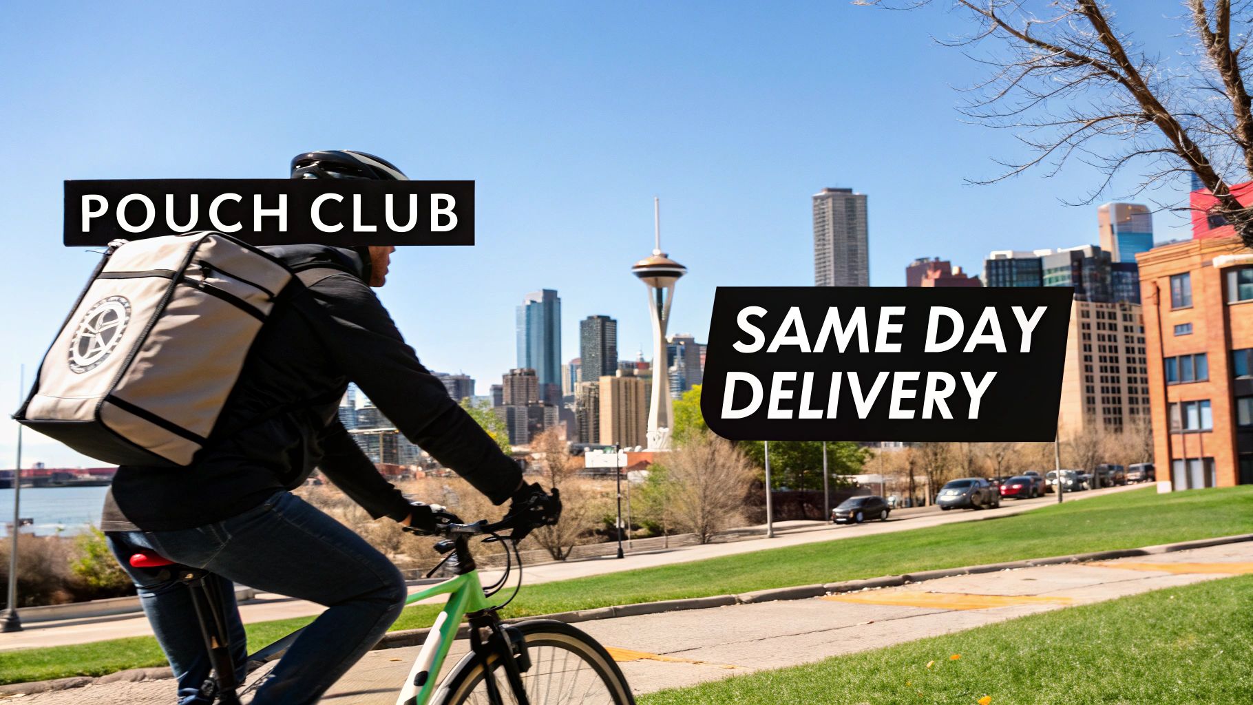 A bike courier with a delivery bag cycles through a city offering same-day delivery services.