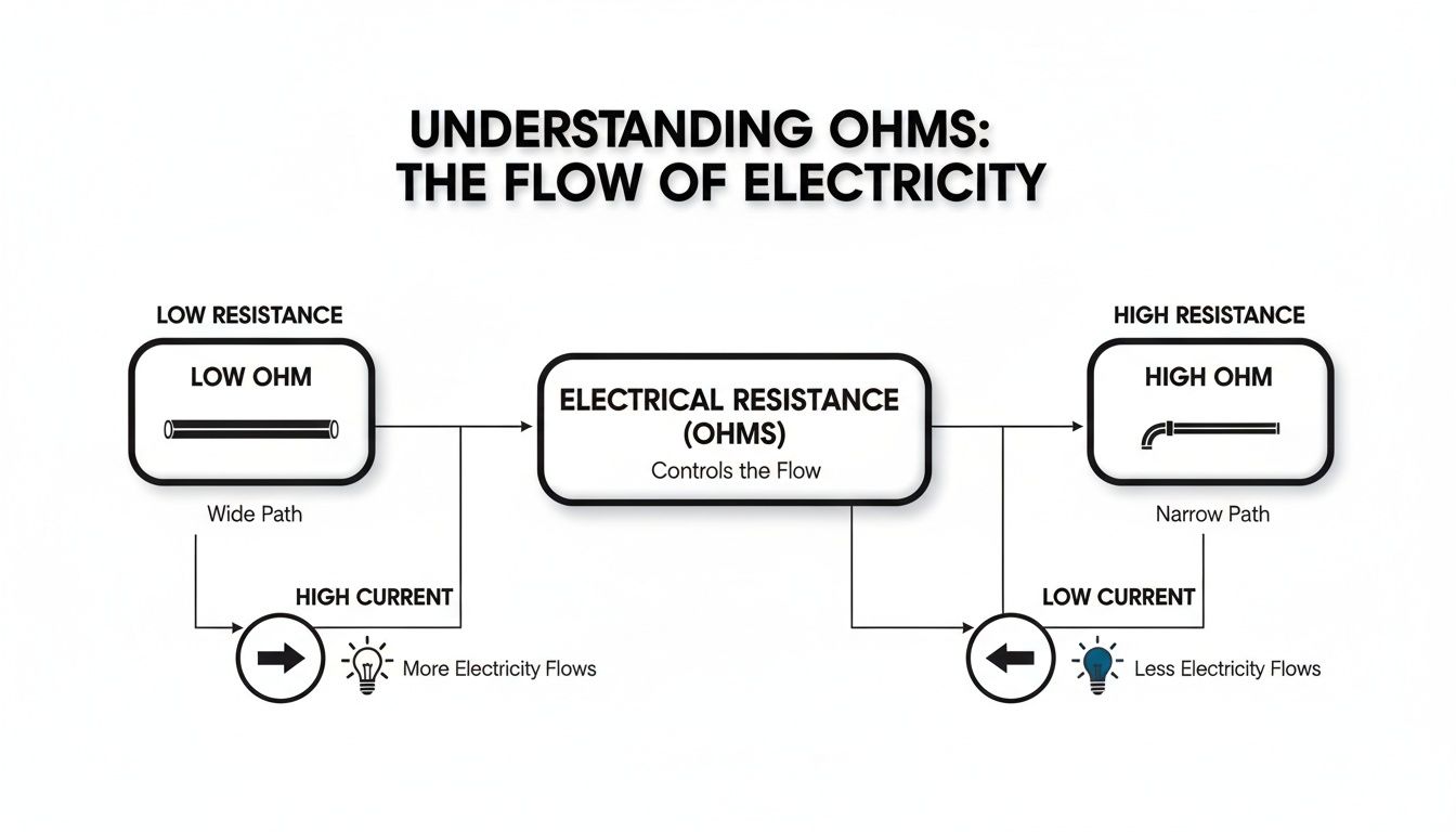 Educational diagram illustrates electrical resistance (ohms) and its effect on high and low electricity current flow.