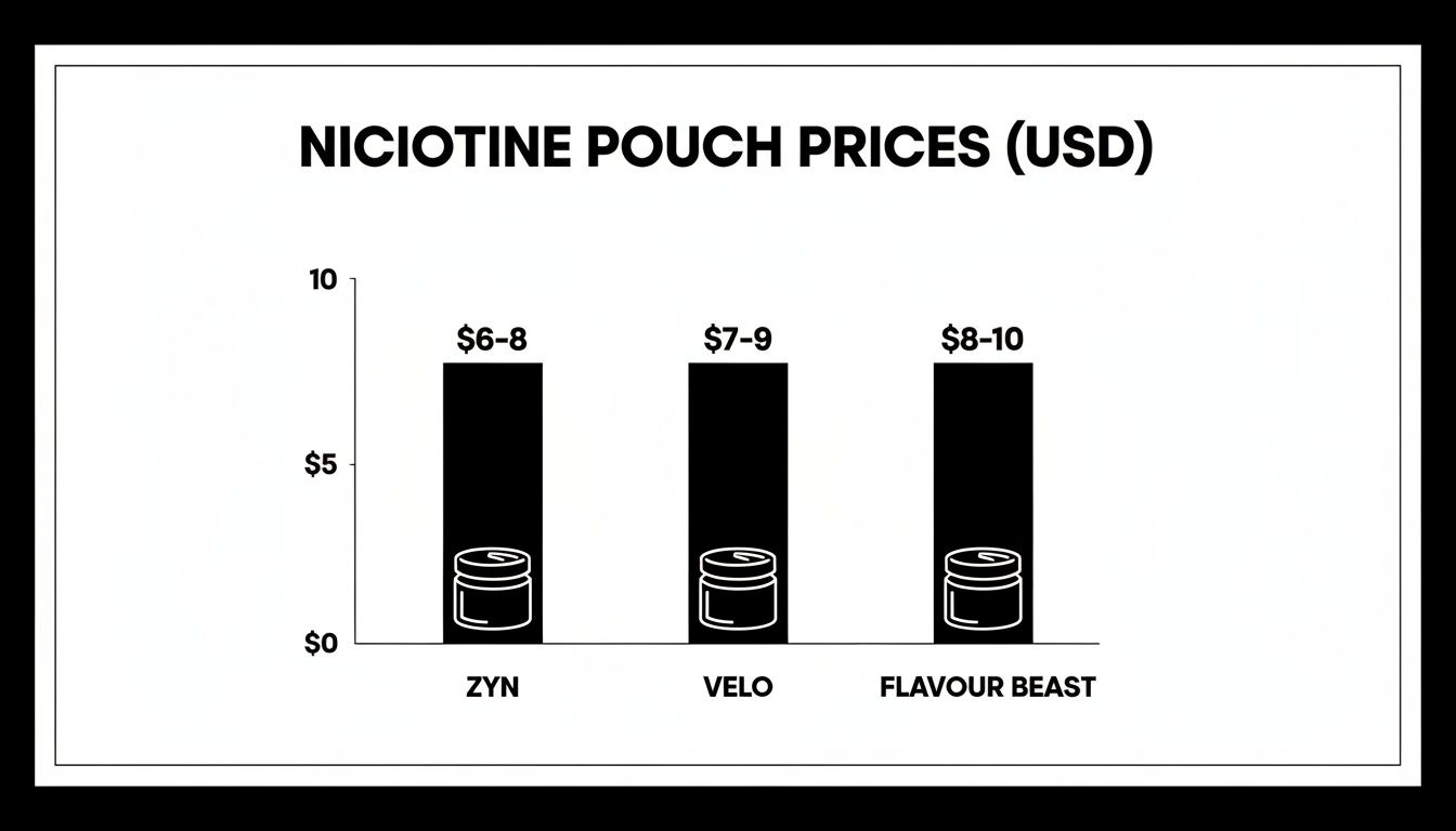 Bar chart showing nicotine pouch prices in USD for ZYN, VELO, and Flavour Beast brands.