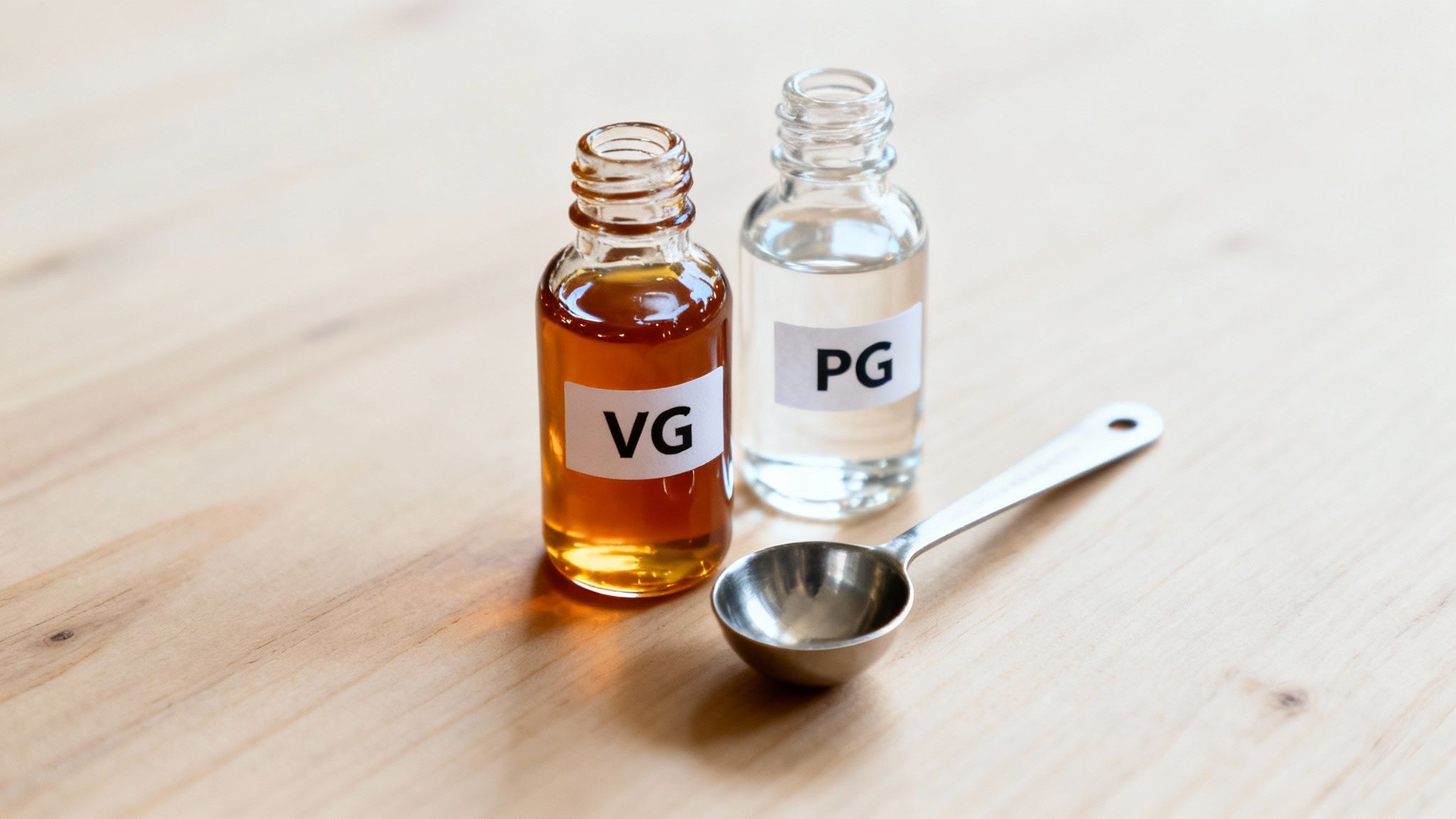 Two labeled bottles, VG (vegetable glycerin) and PG (propylene glycol), with a measuring spoon.