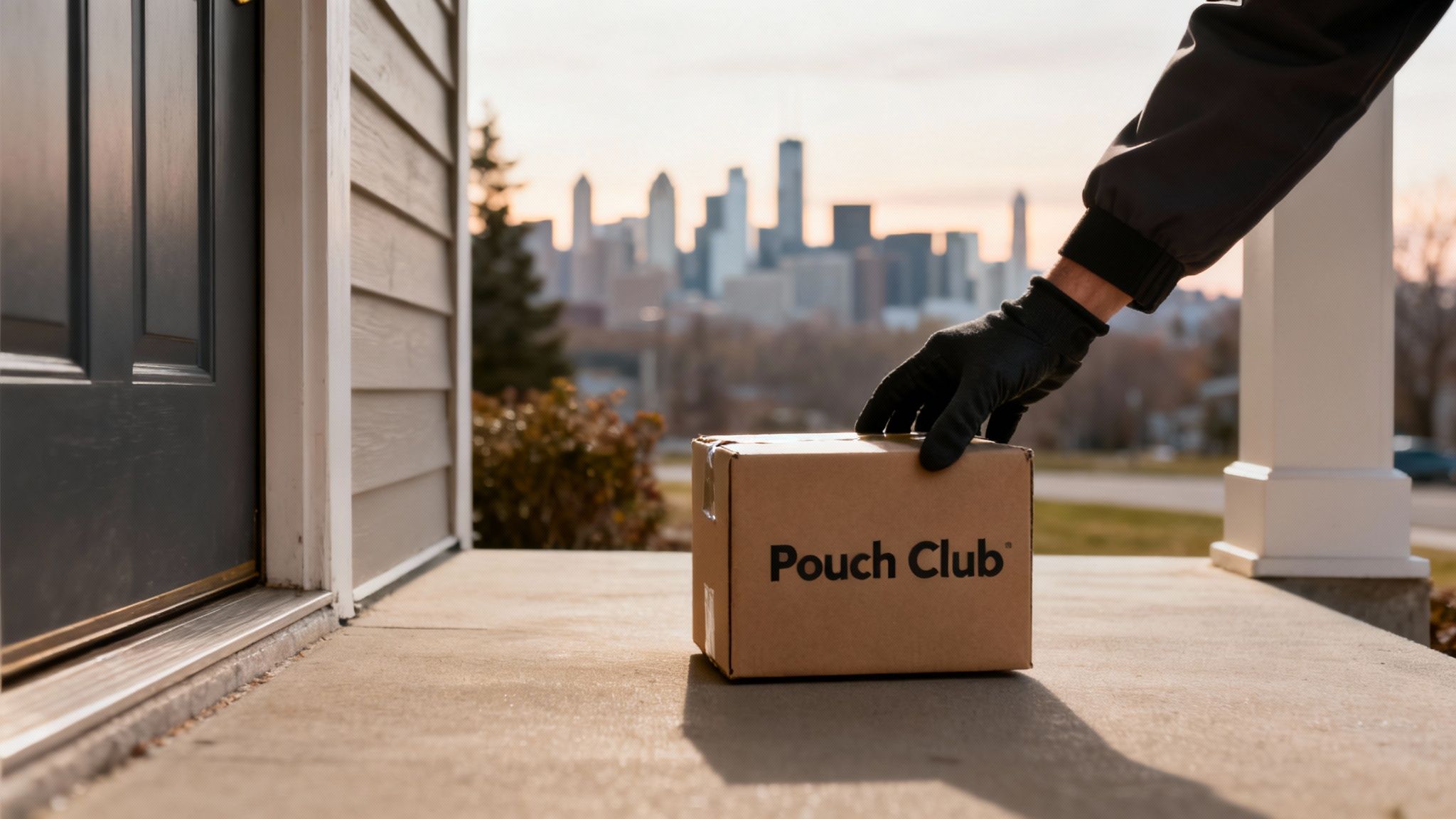 A gloved hand places a 'Pouch Club' delivery box on a doorstep with a city skyline backdrop at sunset.