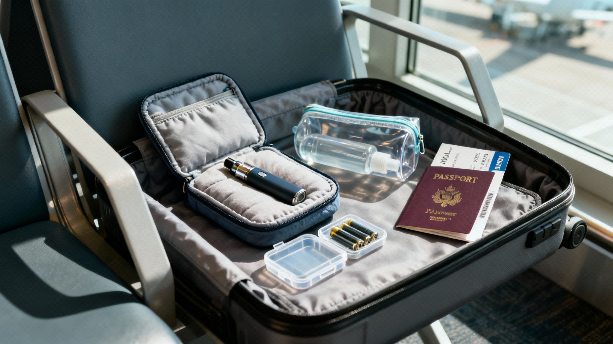 Travel essentials like a vape, passport, boarding pass, and batteries arranged in a suitcase at the airport.