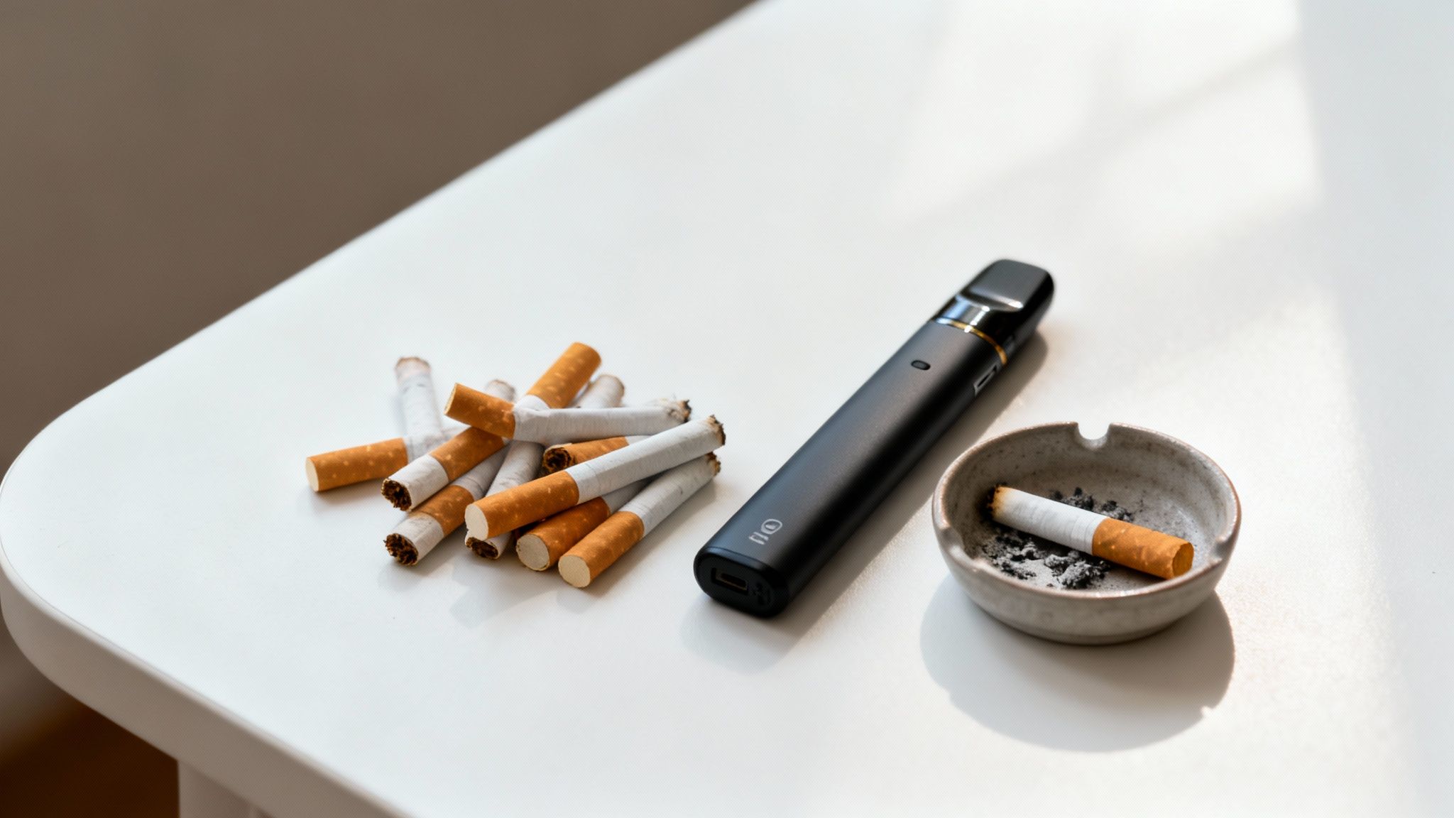A black vape device, many traditional cigarettes, and an ashtray with a cigarette on a white table.