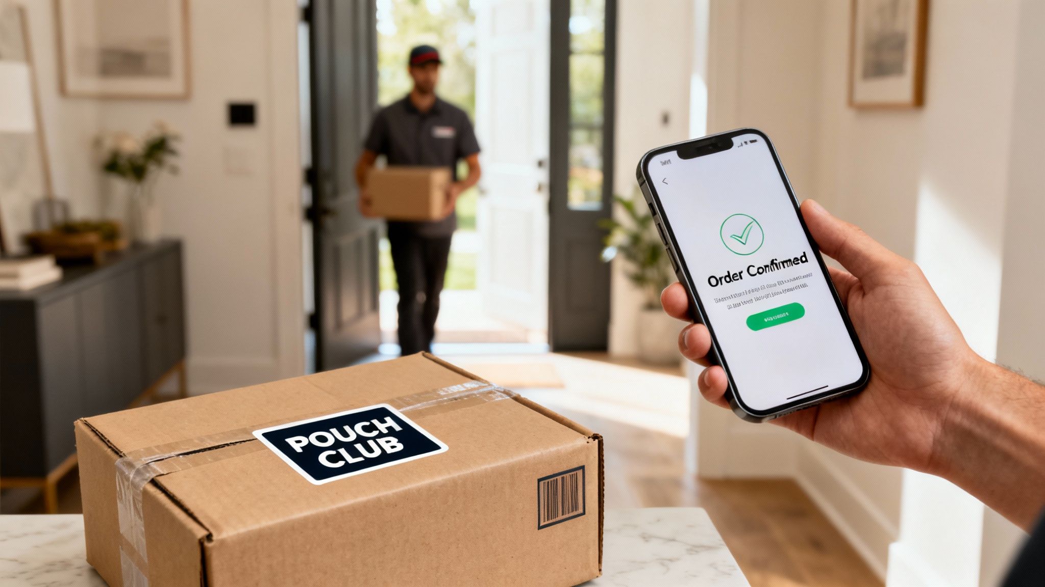 A hand holds a smartphone with an 'Order Confirmed' screen, next to a 'Pouch Club' package and a delivery person.