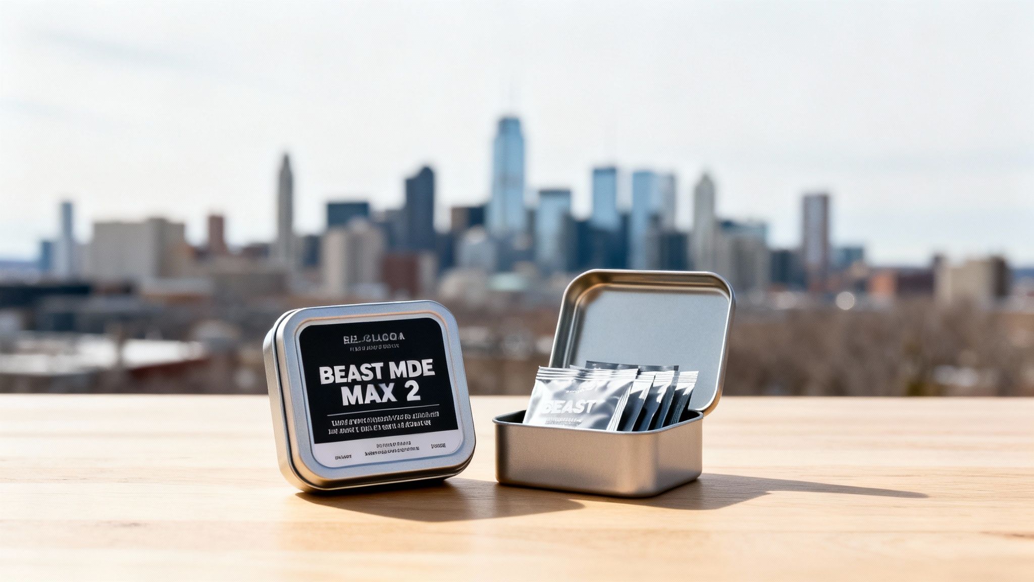 Two silver tins, one closed and labeled, one open with sachets, on wood with a city skyline.