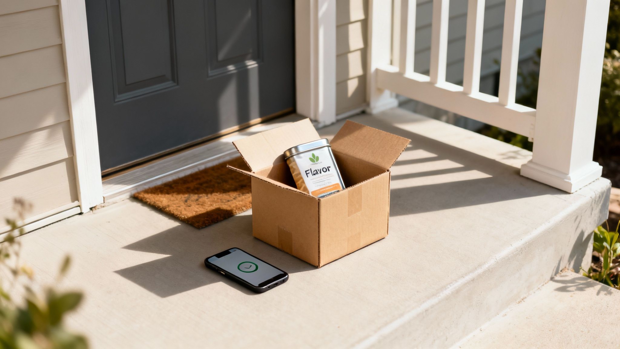 A delivered package with a 'Flavor' tin and a smartphone showing delivery confirmation on a doorstep.