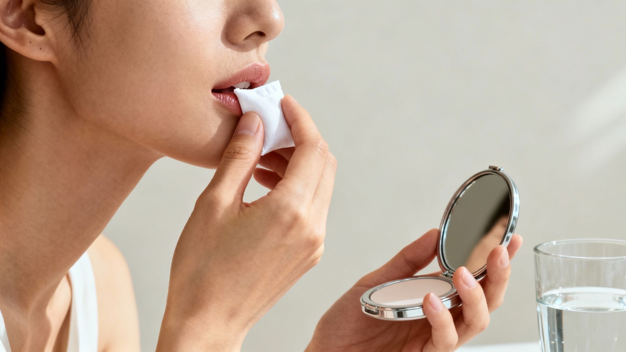 A woman using a cotton pad on her lips, looking into a compact mirror for a beauty routine.