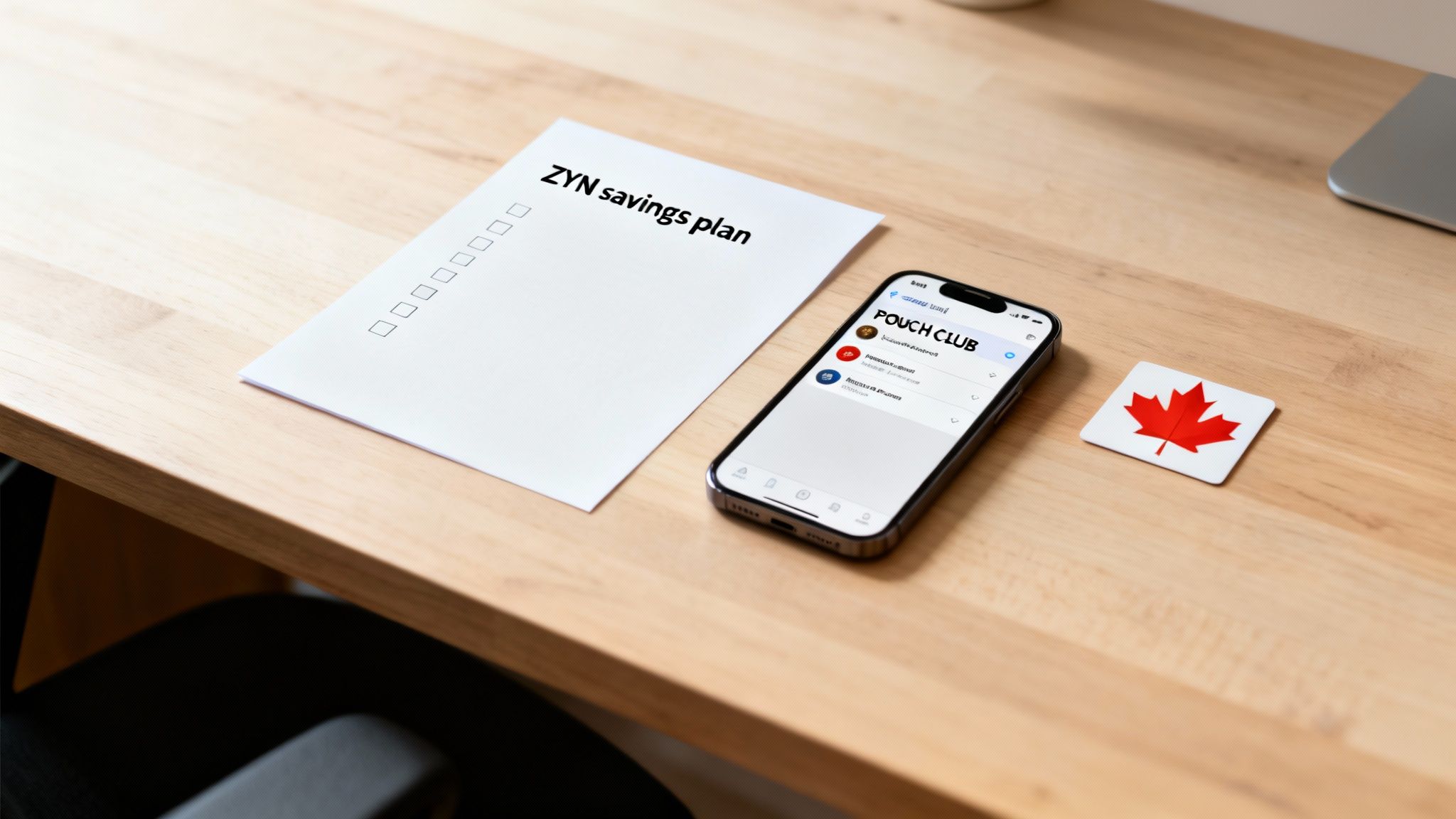 Overhead view of a wooden desk with a 'ZYN savings plan' document, a smartphone, and a Canadian maple leaf coaster.