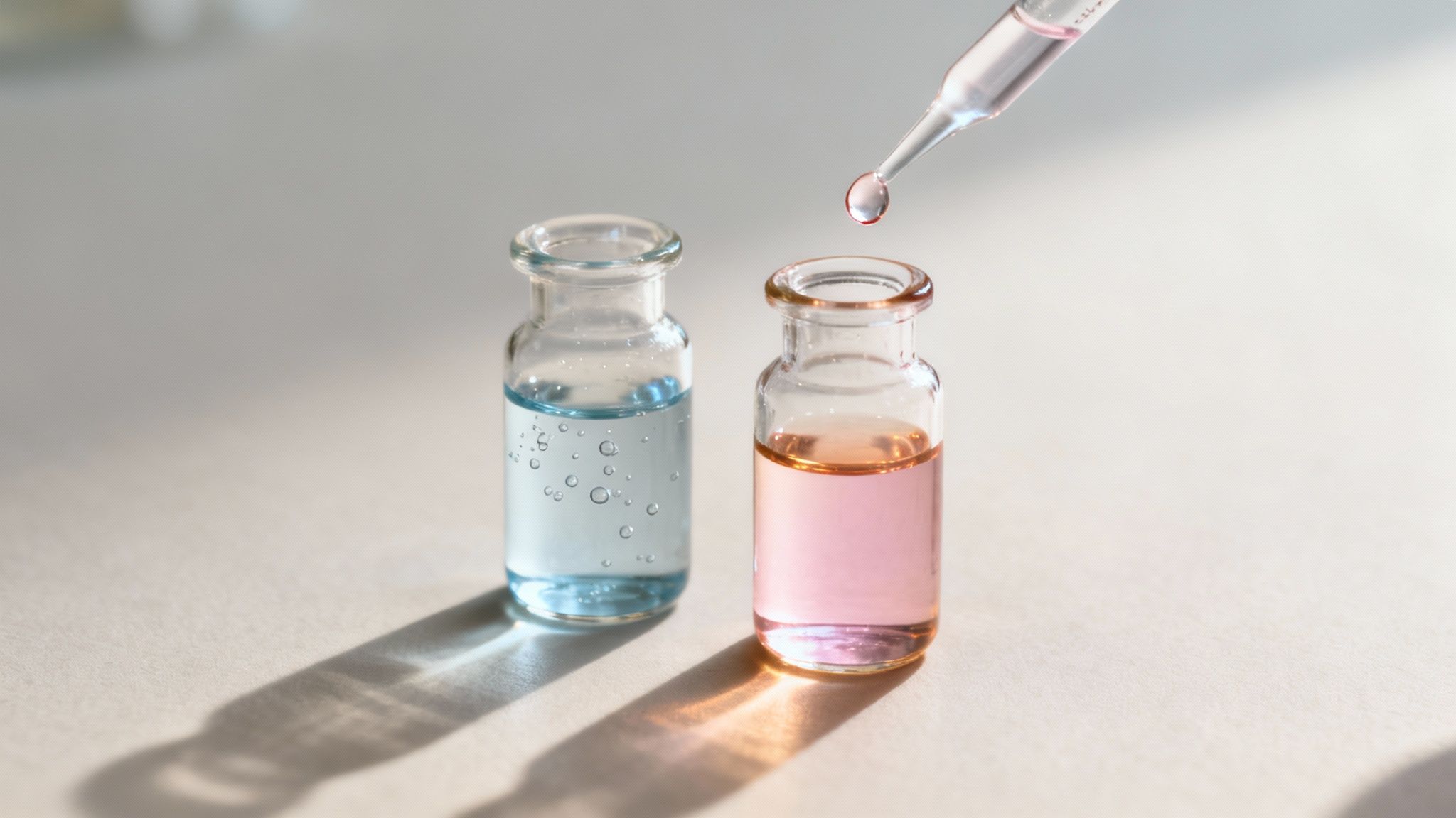Two clear glass vials with blue and pink liquids, a dropper adds a pink drop.