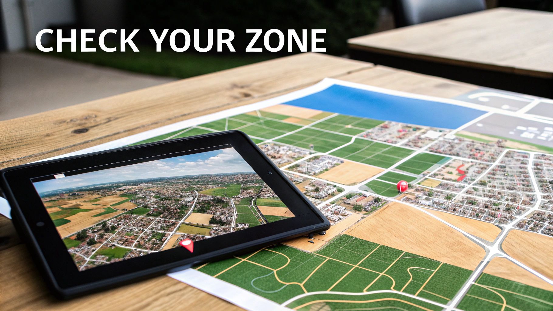 A tablet showing an aerial view of a landscape placed on a printed map, with text 'CHECK YOUR ZONE'.
