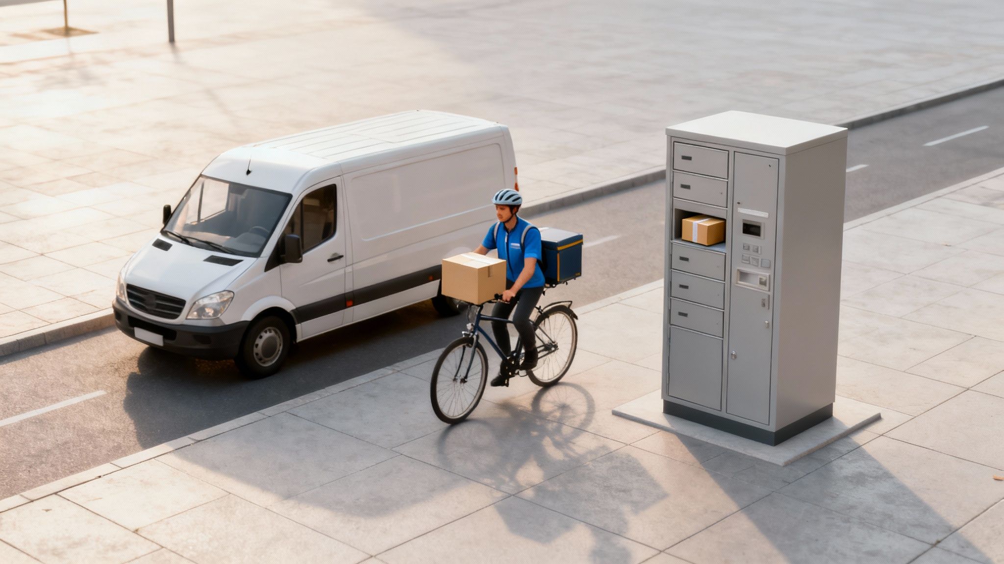 A delivery person on a bicycle with a package near a white van and a parcel locker.