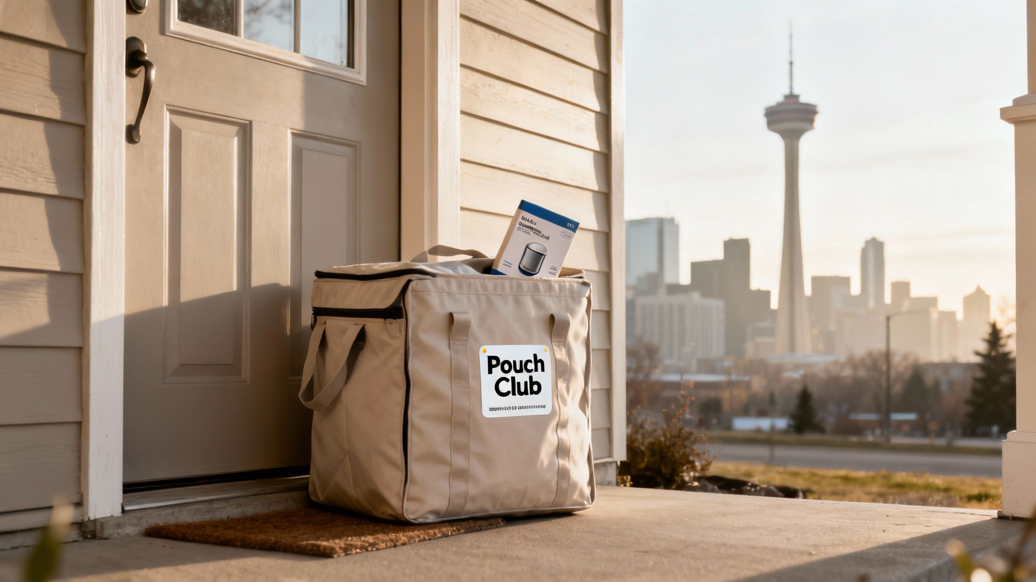 A Pouch Club delivery bag on a doorstep with a product box, against a city skyline.
