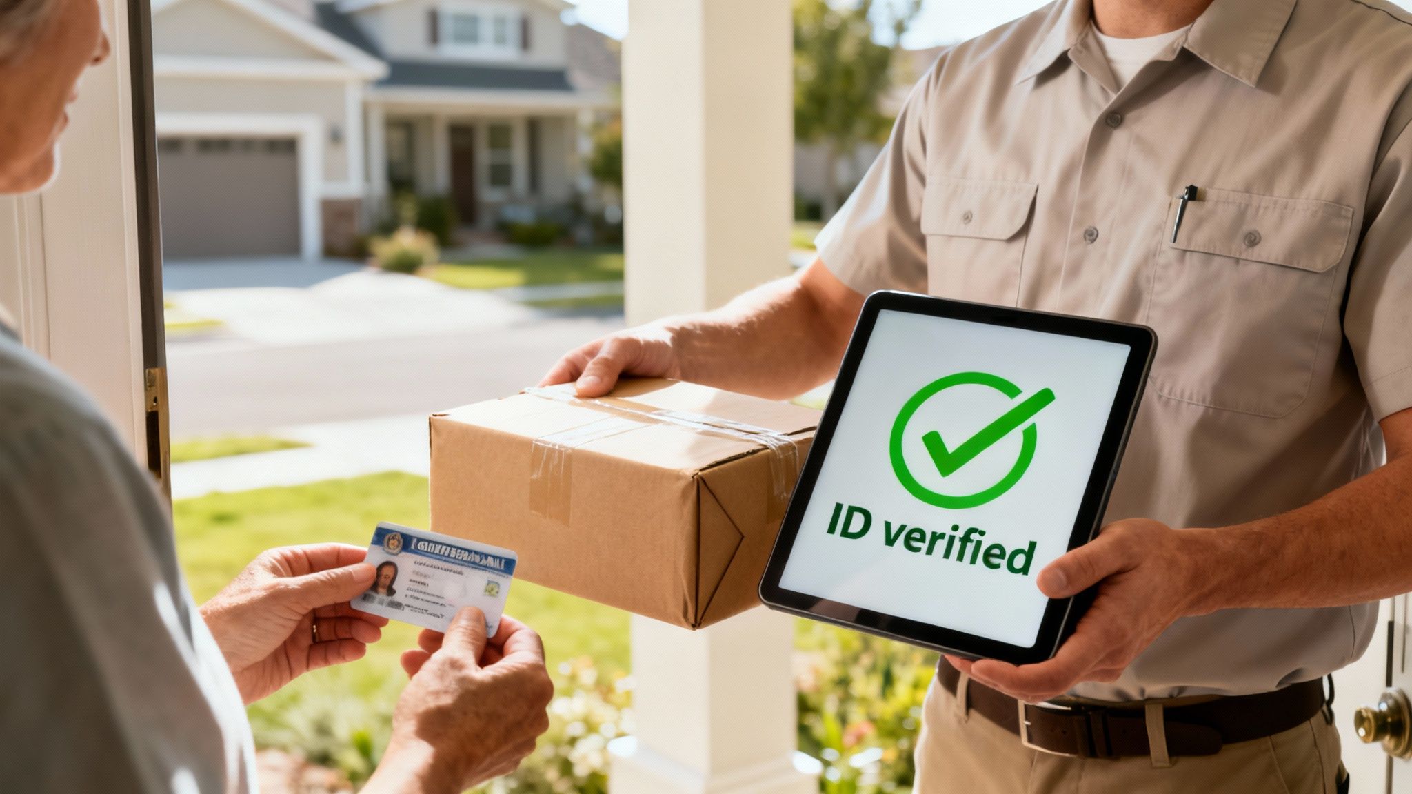 Delivery person verifying recipient's ID card with a tablet showing 'ID verified' for a package delivery.