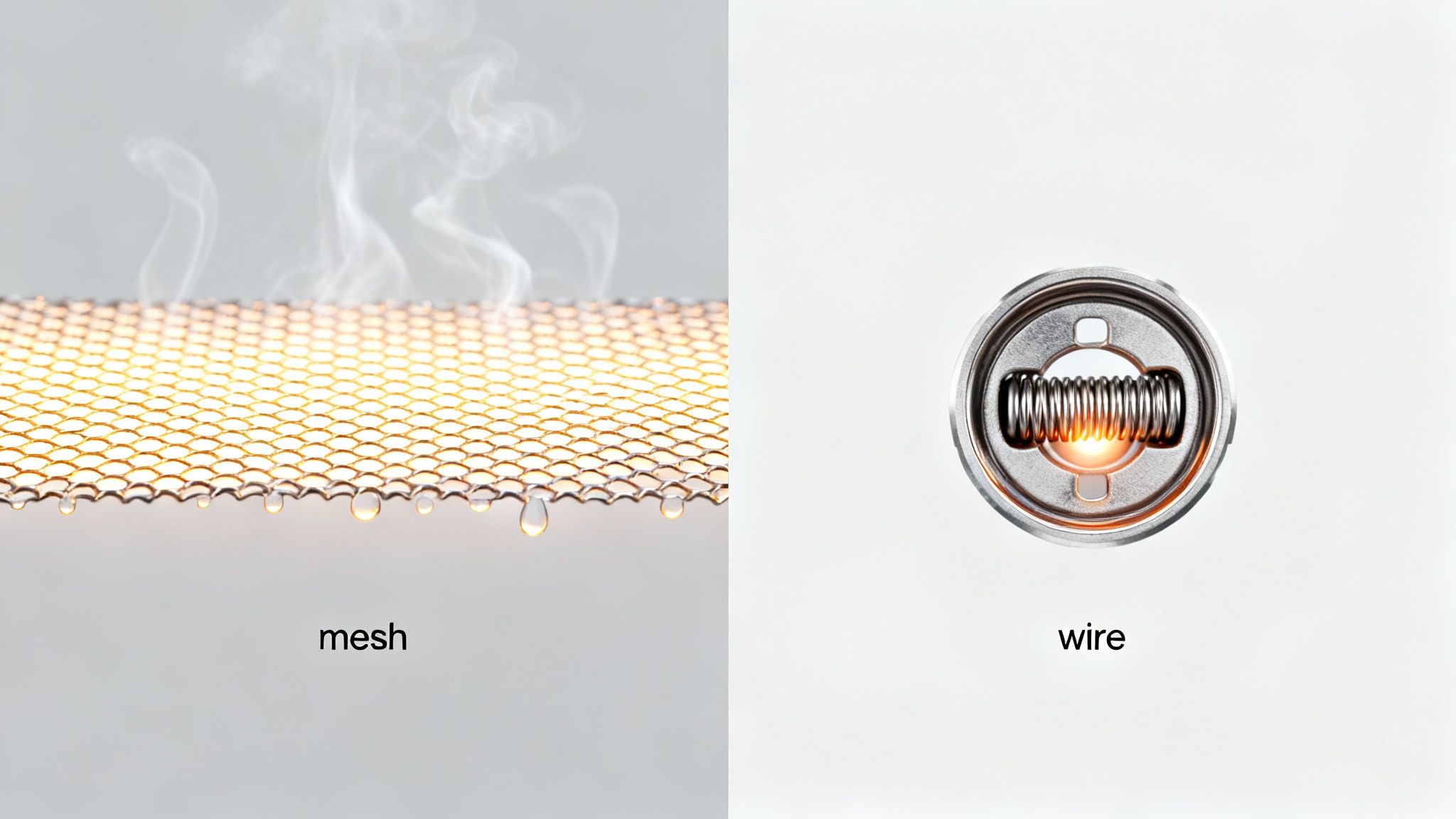 Two vape heating elements: a glowing mesh with vapor and droplets, and a red-hot wire coil.