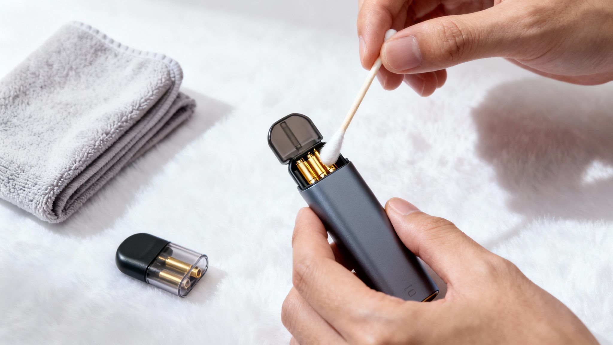 Hands cleaning golden contacts inside a grey electronic vape device with a cotton swab.