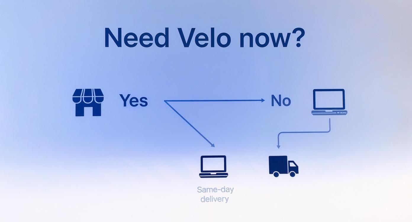 A flowchart explaining how to get Velo, offering store pickup, same-day delivery, or standard online delivery options.