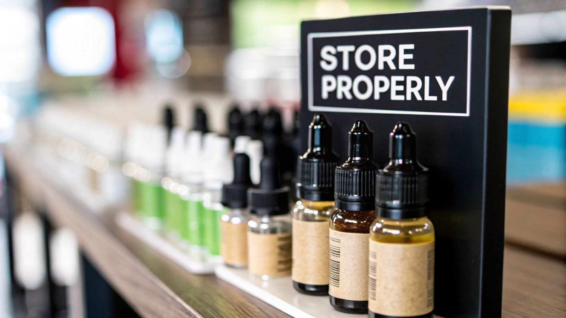 E-liquid bottles displayed on a shelf in a store, with a black sign advising to 'STORE PROPERLY'.