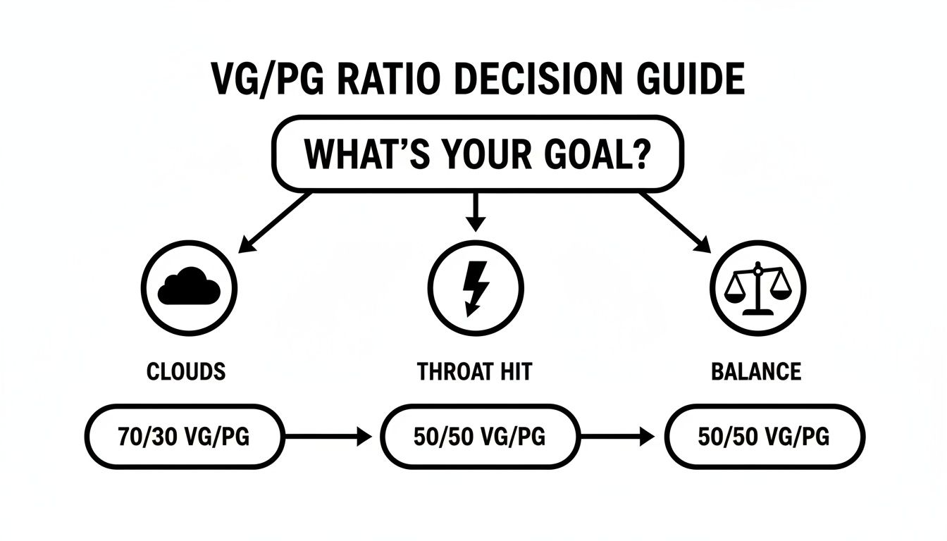 A VG/PG ratio decision guide illustrating recommended ratios for clouds, throat hit, and balance goals.